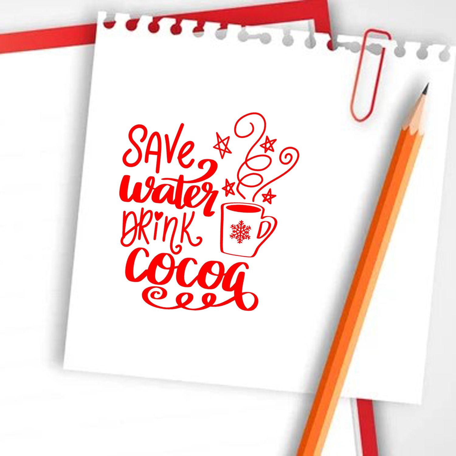 Save Water Drink Cocoa rubber stamp design with festive mug graphic for planners, journals, and craft projects.