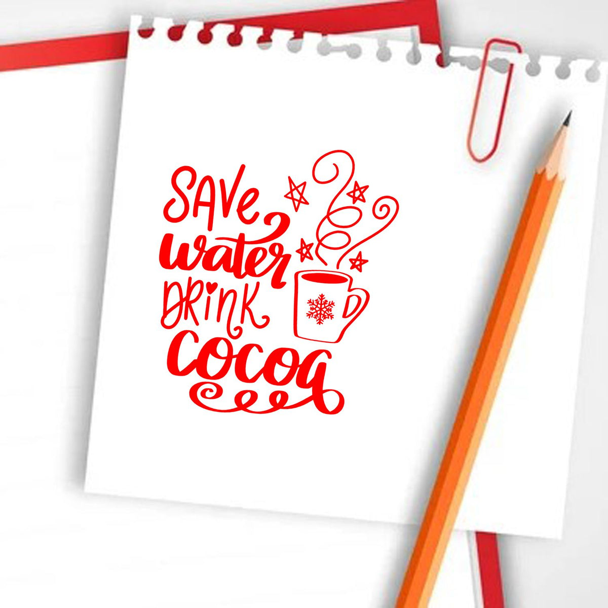 Custom rubber stamp design reading Save Water Drink Cocoa with a mug icon, ideal for holiday cards and craft projects.