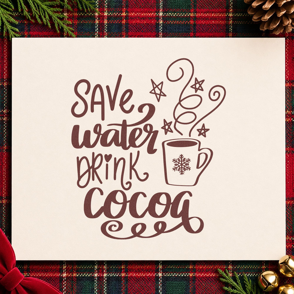 Save Water Drink Cocoa rubber stamp printed in brown ink, ready for marshmallow labels and similar paper crafts.