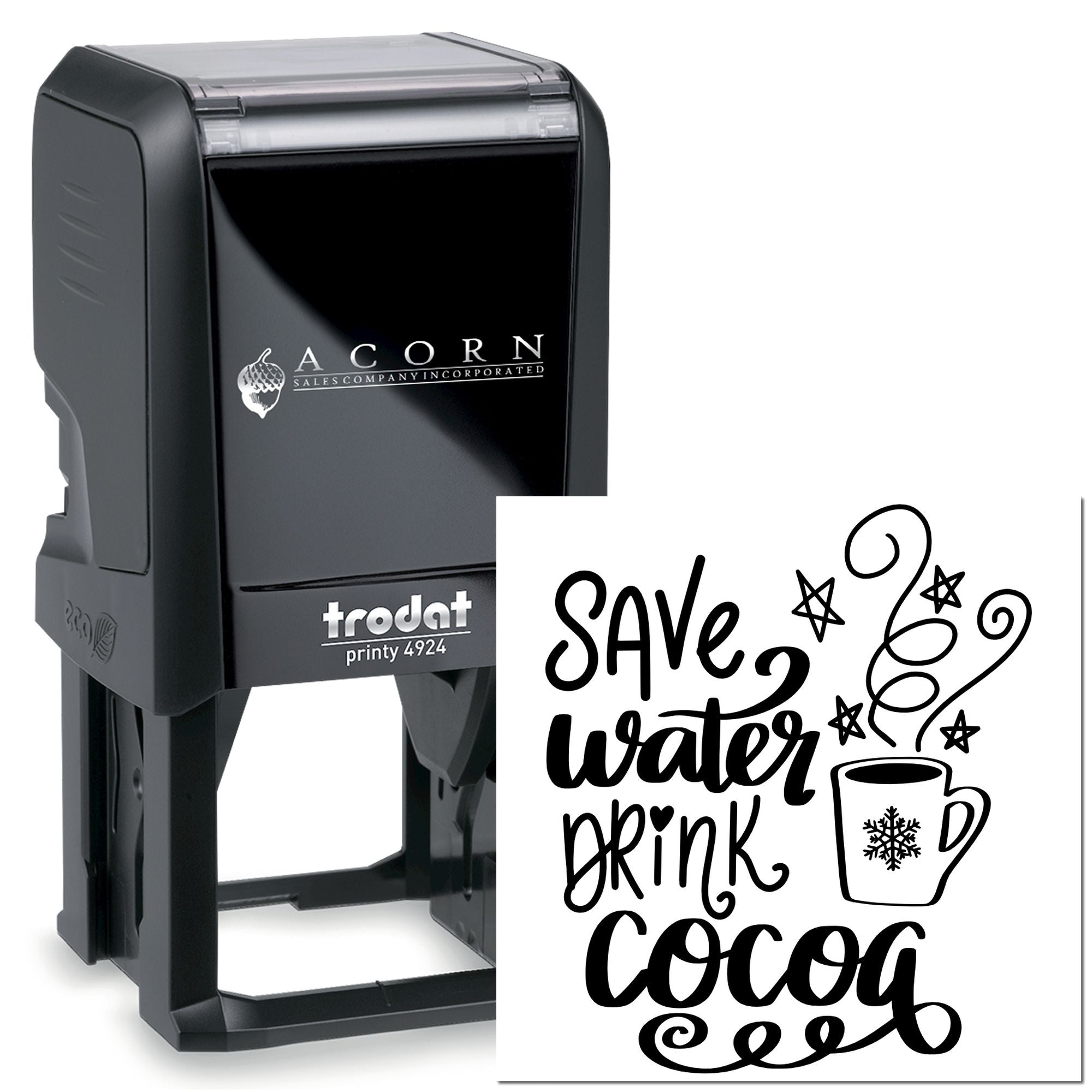 Custom self-inking rubber stamp, Trodat Printy 4924, with sample logo and decorative text imprint.