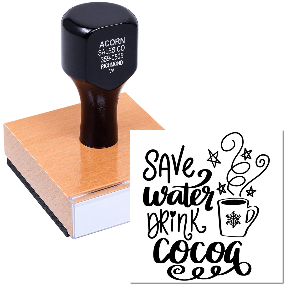 Custom rubber stamp with Save Water, Drink Cocoa holiday design on ink pad for crafting, branding, and seasonal packaging.