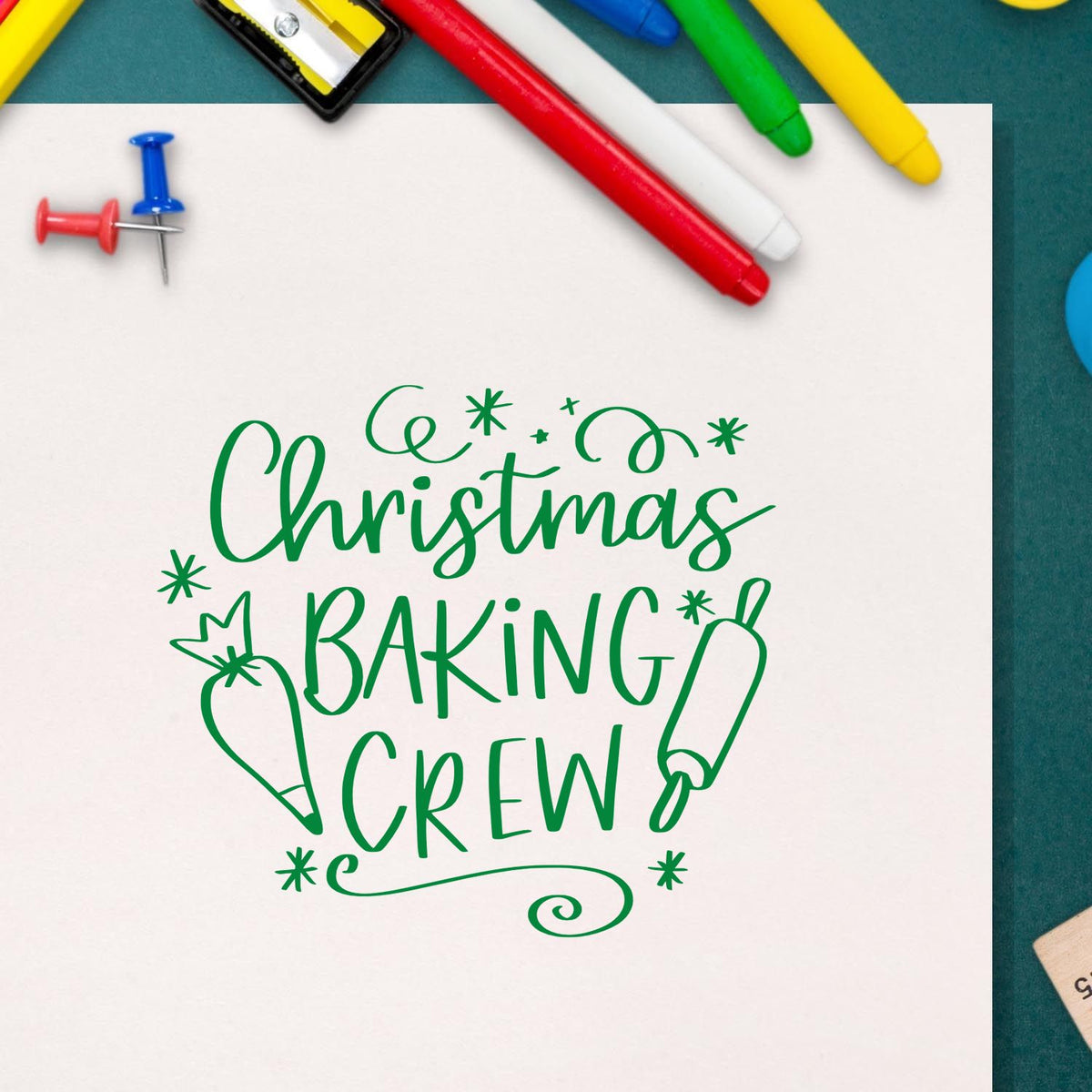 Christmas Baking Crew rubber stamp design for holiday cookie baking, featuring festive lettering and baking utensil accents.