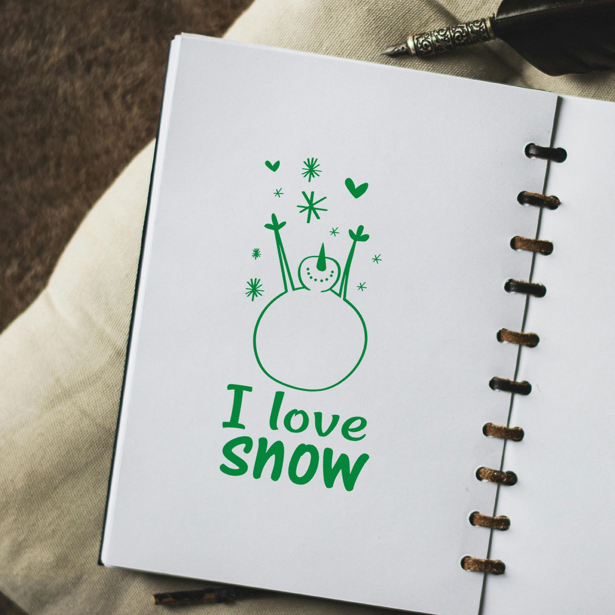Winter rubber stamp design with I love snow snowman graphic for custom stationery, craft projects, and holiday cards.