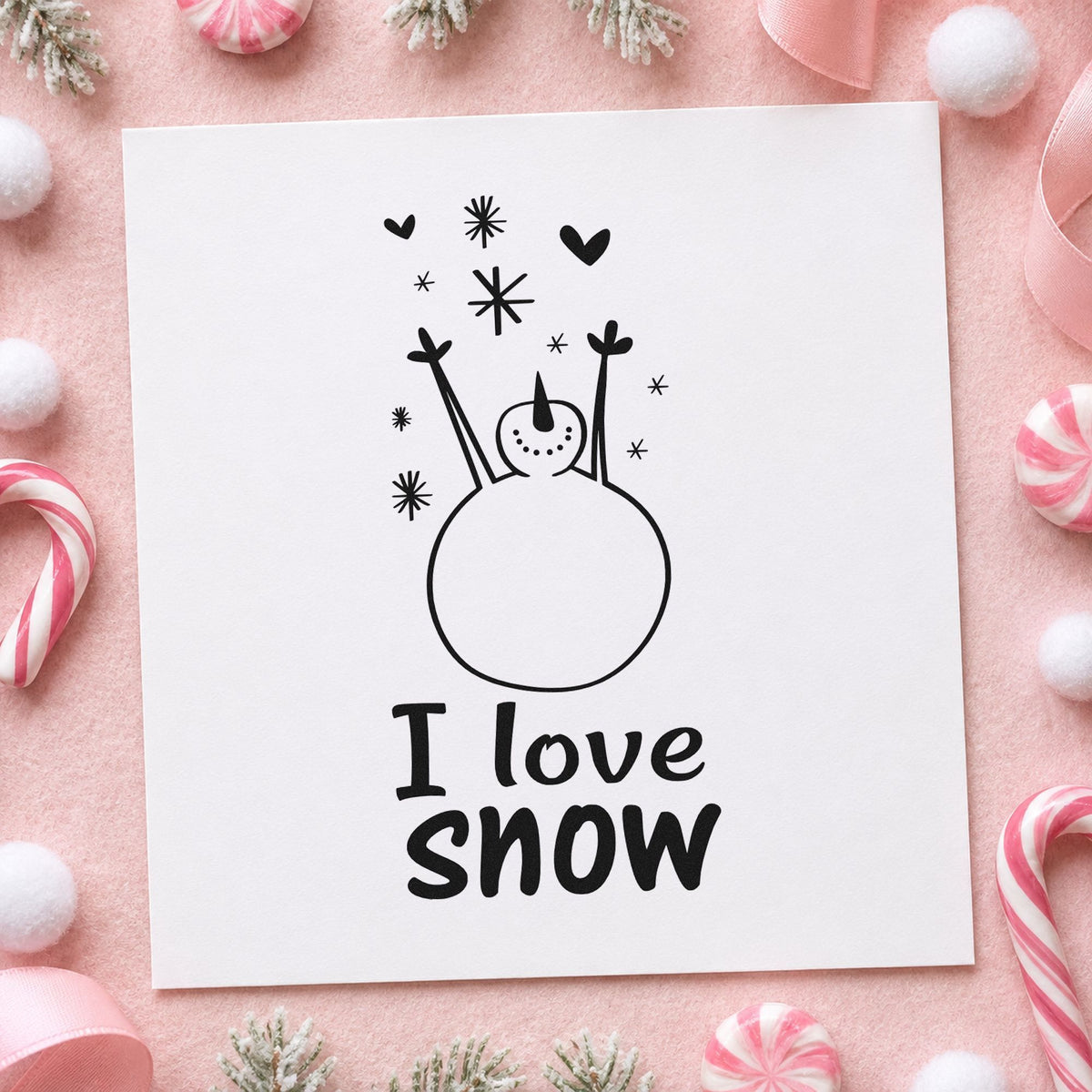 I Love Snow Snowman rubber stamp printed in black ink, ready for twig arms cards and similar paper crafts.