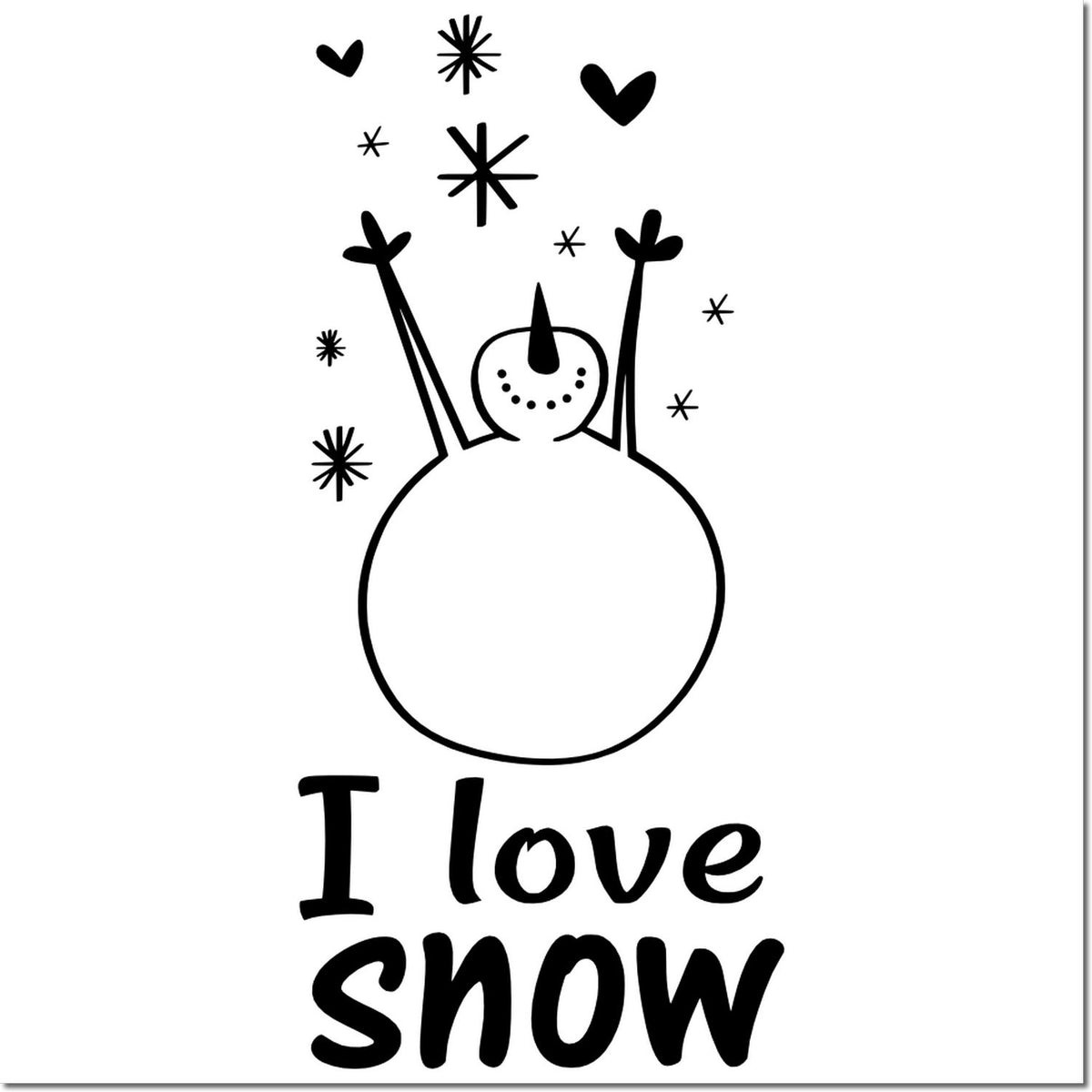 I love snow rubber stamp design with a cheerful snowman, stars, and hearts for winter crafts and holiday cards.