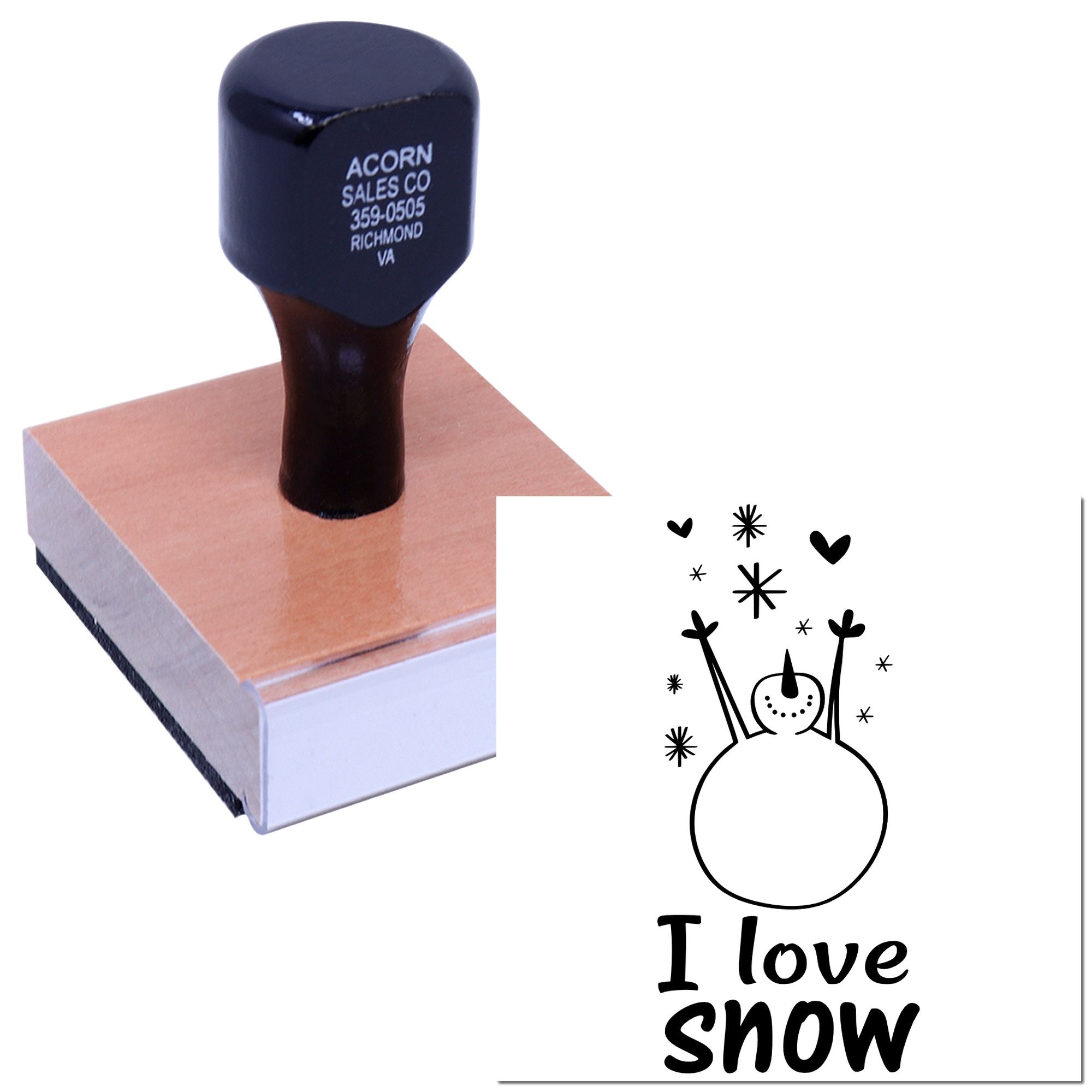 Custom rubber stamp with I love snow snowman design for winter crafts, cards and seasonal scrapbooking.