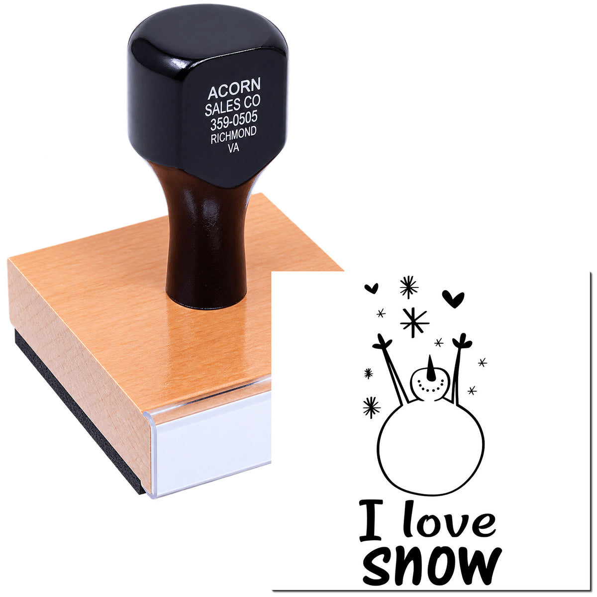 Custom rubber stamp with I love snow snowman design for winter crafts, cards and seasonal scrapbooking.