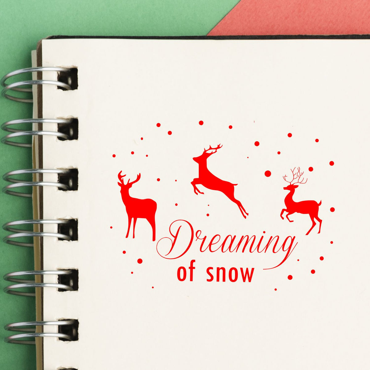 Dreaming Of Snow Reindeer rubber stamp shown in red ink, stamped for projects such as woodland walk tags.