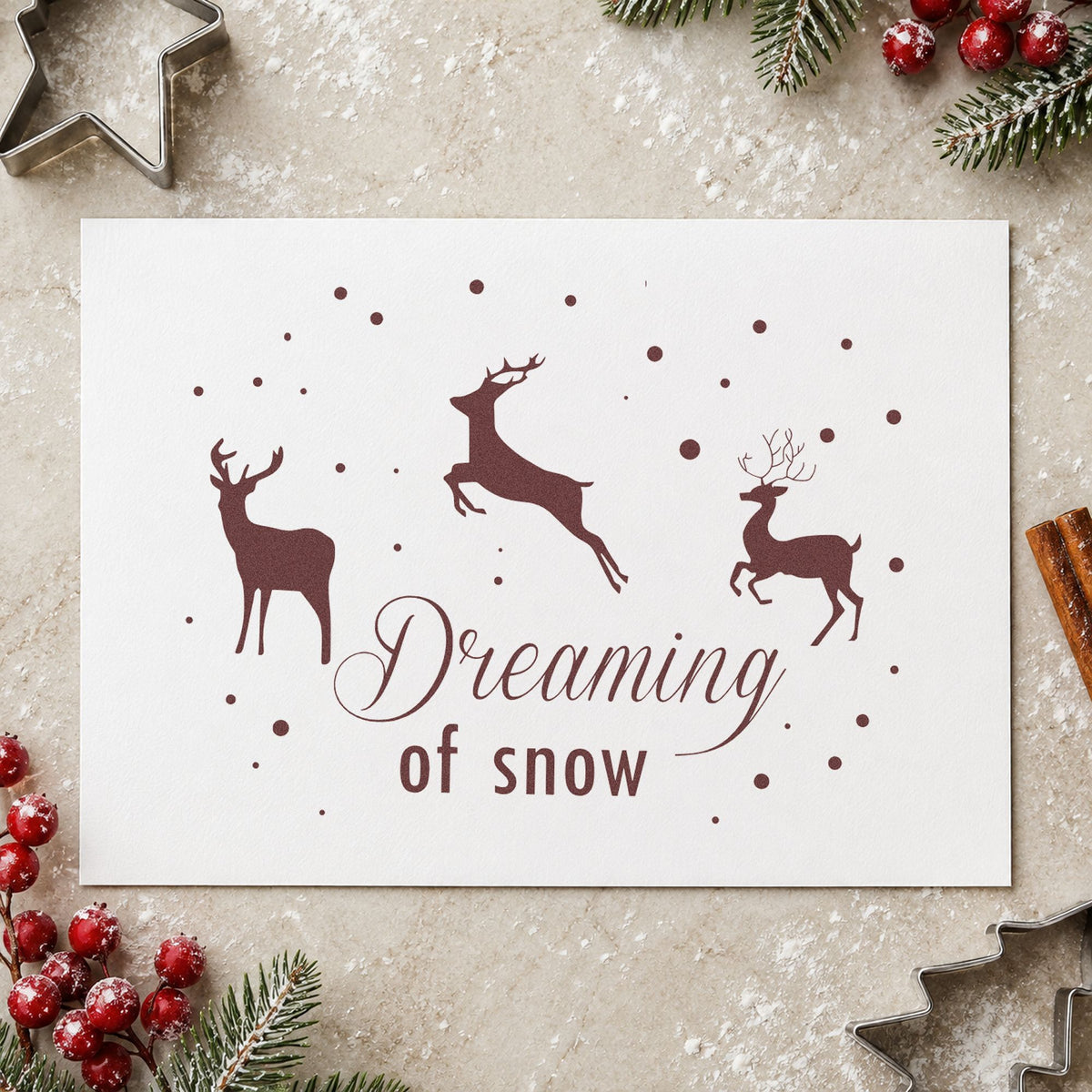 Dreaming Of Snow Reindeer rubber stamp printed in brown ink, ready for feed sack labels and similar paper crafts.