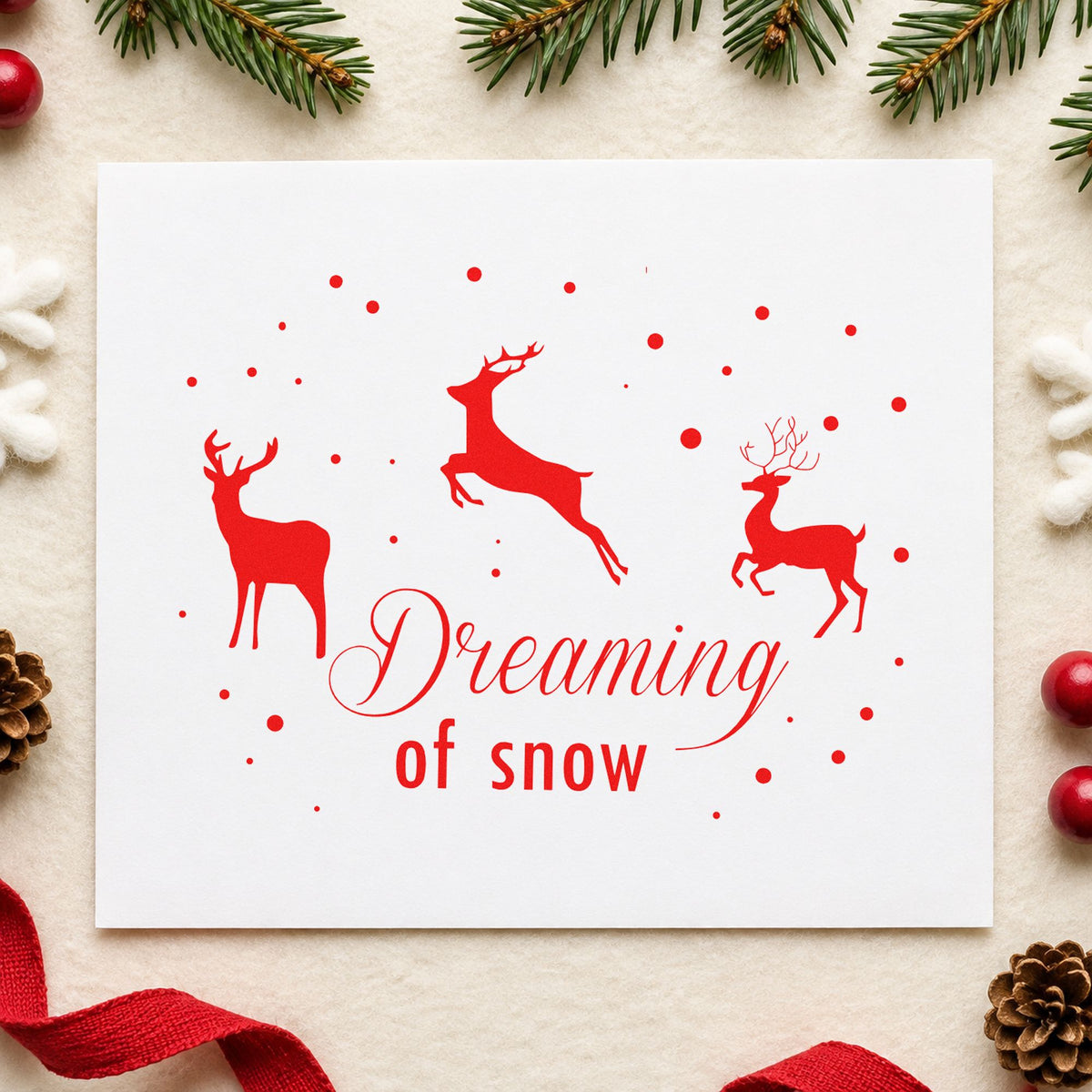 Dreaming Of Snow Reindeer craft stamp in red ink on cardstock, an easy option for wool throw panels.
