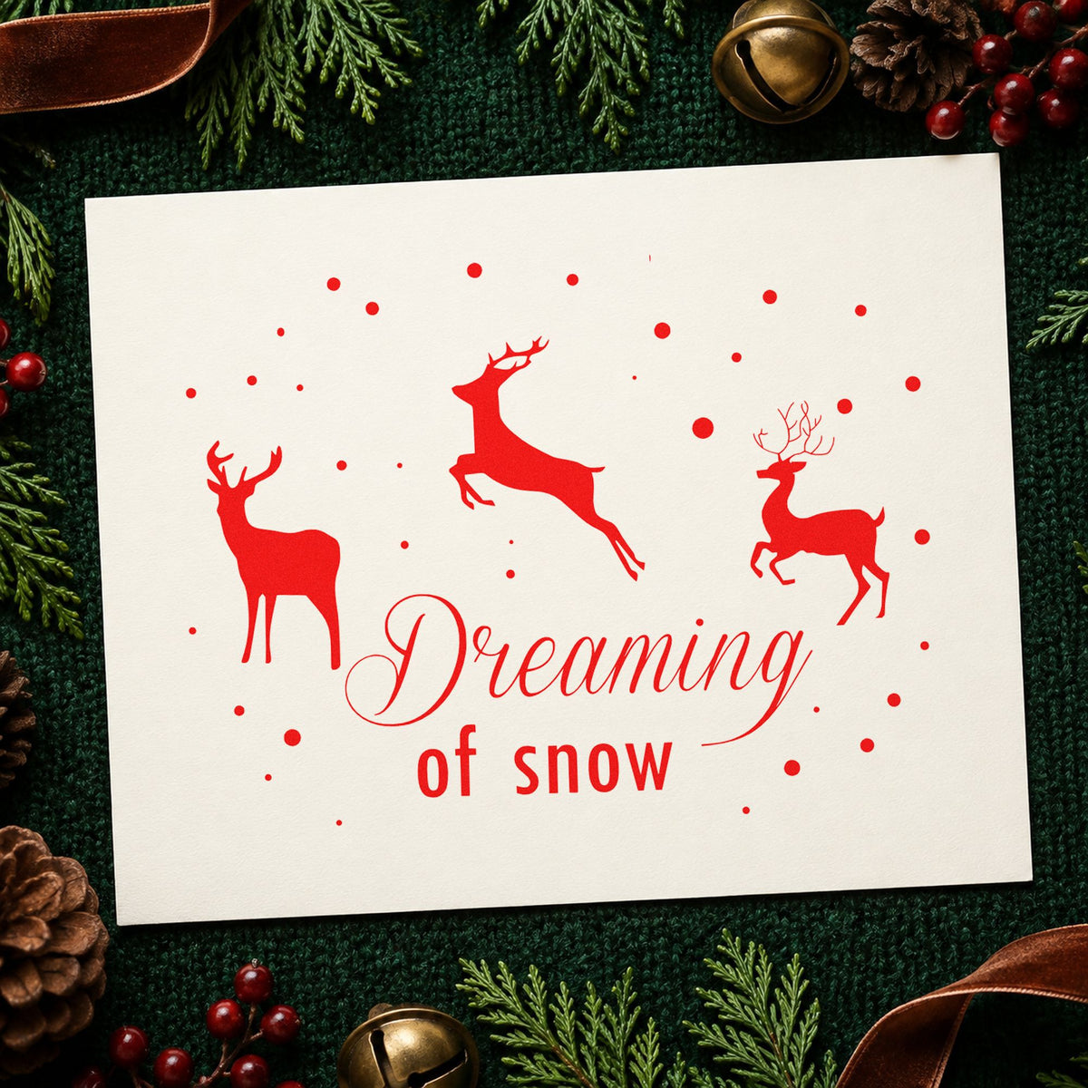 Dreaming Of Snow Reindeer rubber stamp shown in red ink, stamped for projects such as winter walk notes.