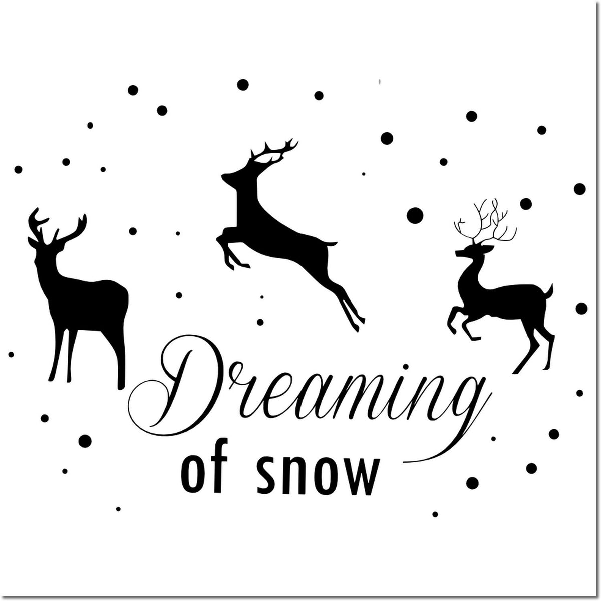 Dreaming of Snow deer rubber stamp design with three reindeer silhouettes and scattered snow dots