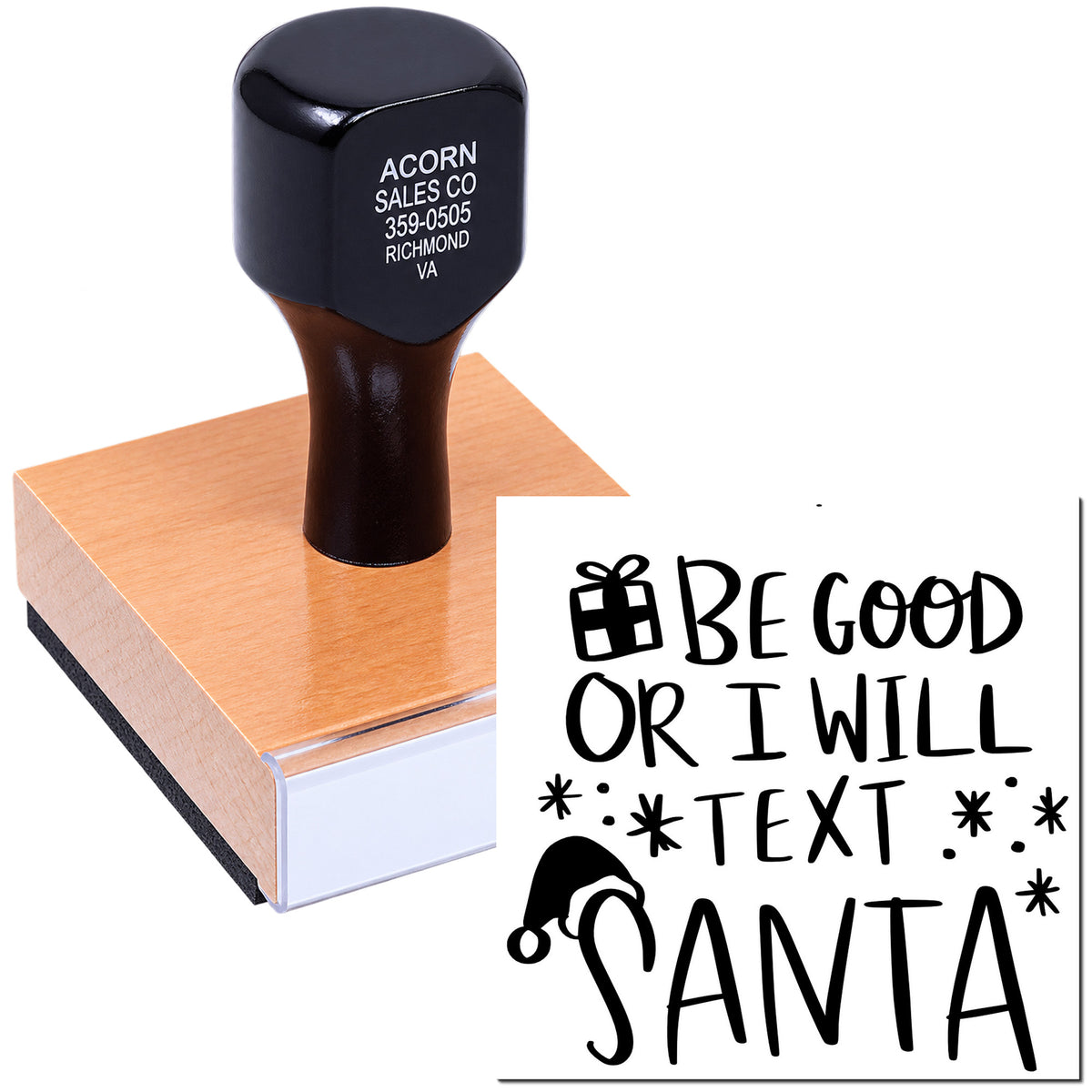 Custom holiday rubber stamp with Be good or I will text Santa design for festive cards, gifts, and packaging.
