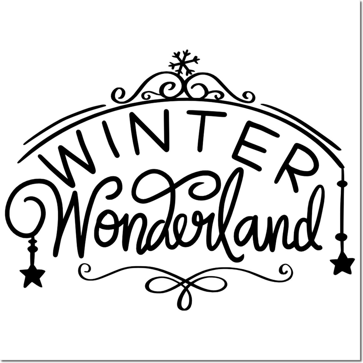 Decorative Winter Wonderland rubber stamp design with snowflake and swirls for holiday crafts and seasonal card making.