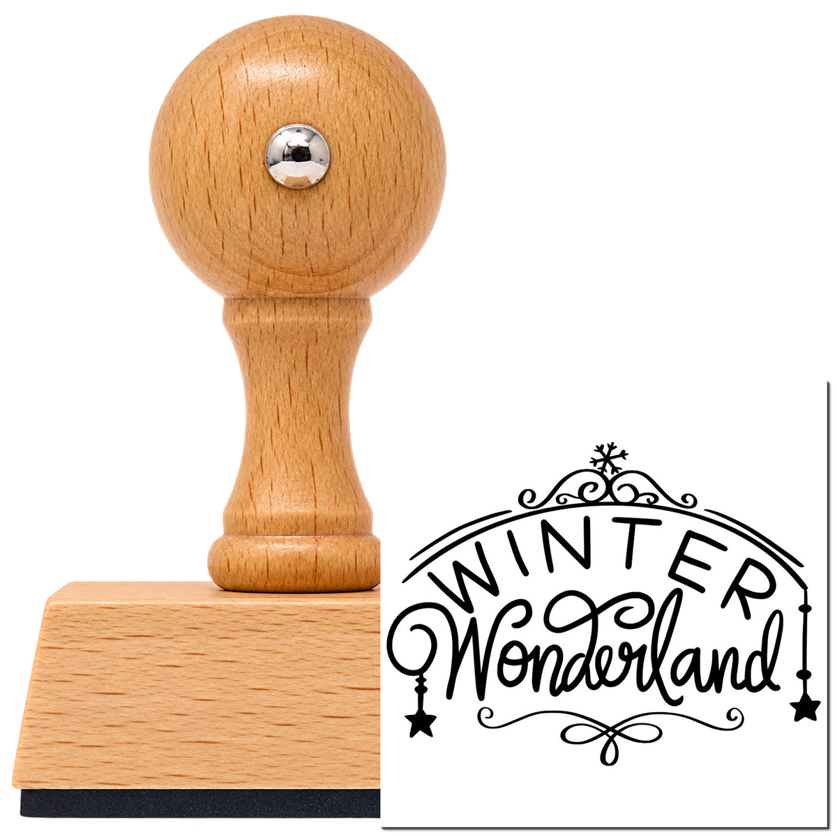 Winter Wonderland Ornate Arch Vintage Pro rubber stamp in European beech wood with a round knob handle, shown beside its black imprint.