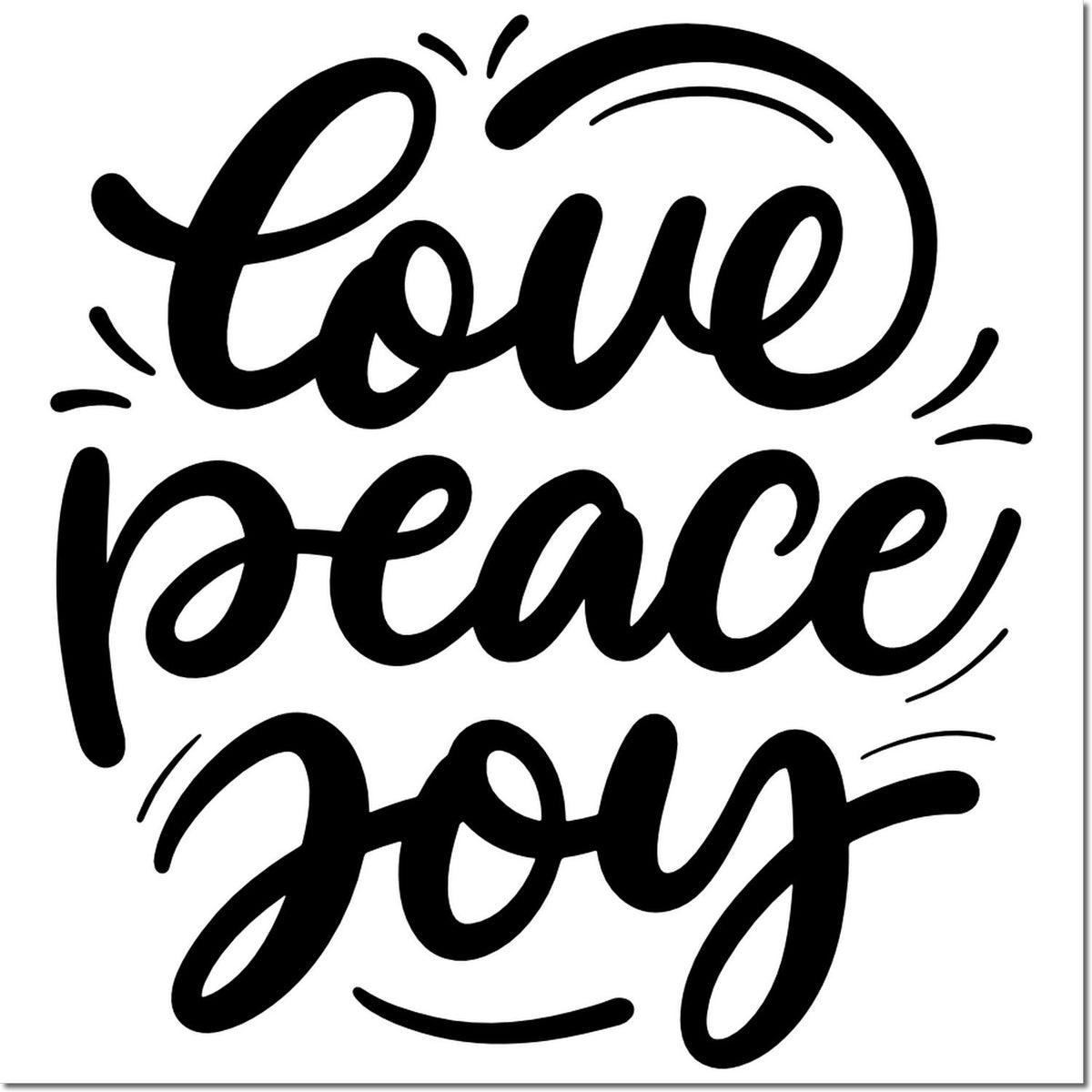 Love Peace Joy decorative rubber stamp design in bold script for holiday crafts, handmade cards, and gift tags.