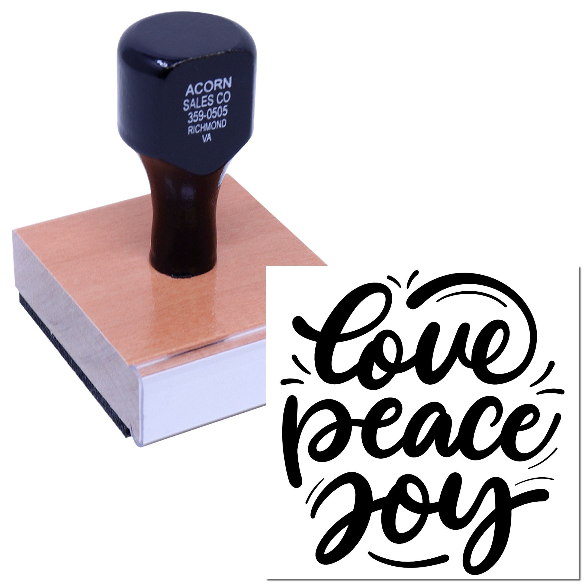 Custom rubber stamp with personalized business imprint and love peace dog design for crafts and branding.