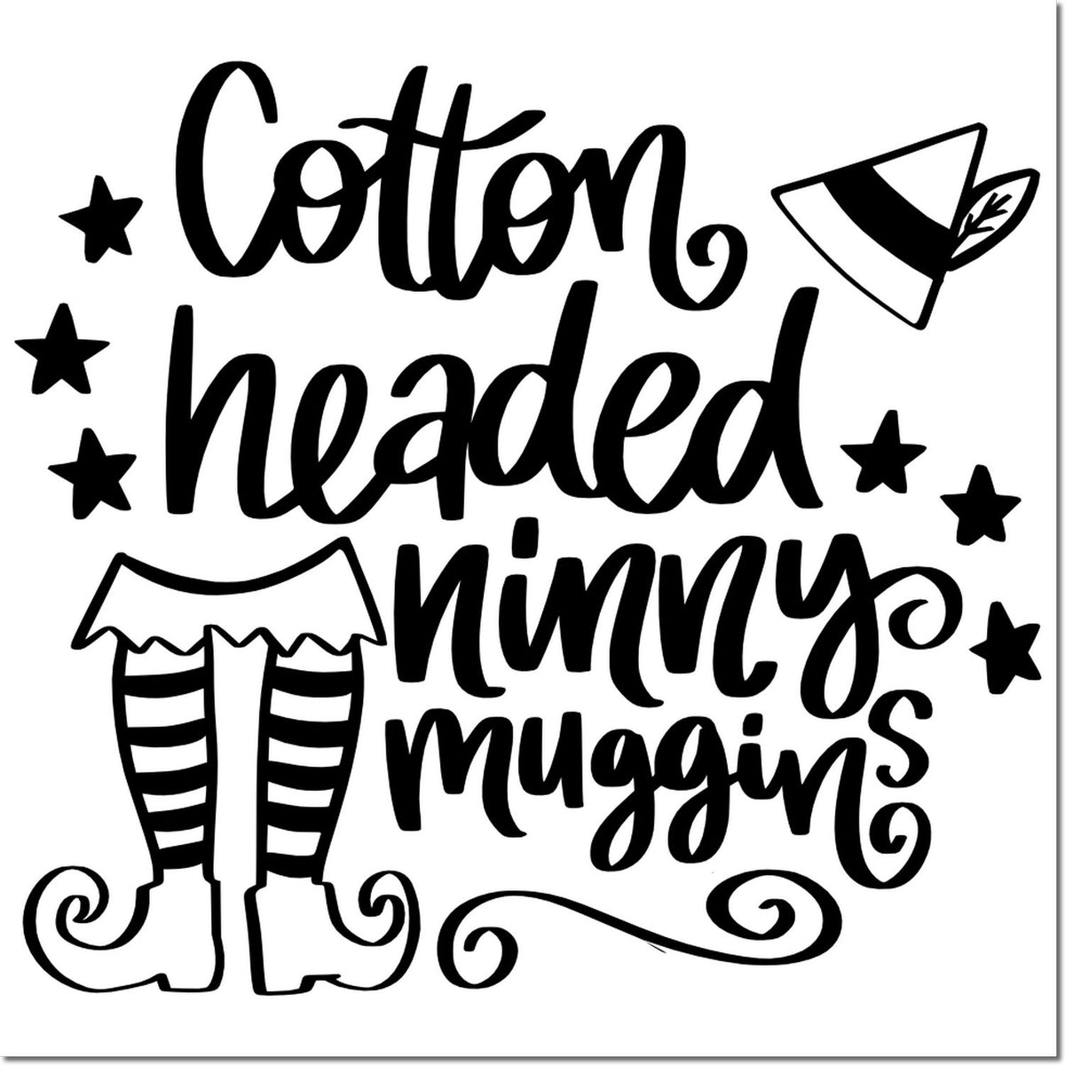 Whimsical Cotton Headed Ninny Muggins Christmas rubber stamp with elf legs, stars, and Santa hat for holiday crafting.