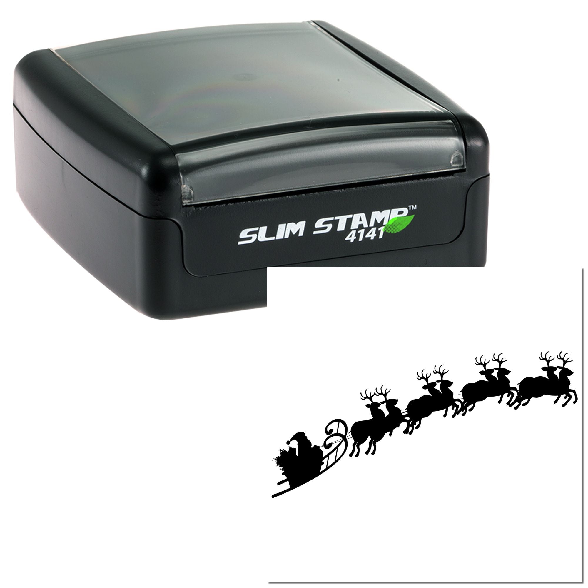 Self-inking Slim Stamp 4141 rubber stamp with Santa sleigh and reindeer design for holiday cards and mailing.