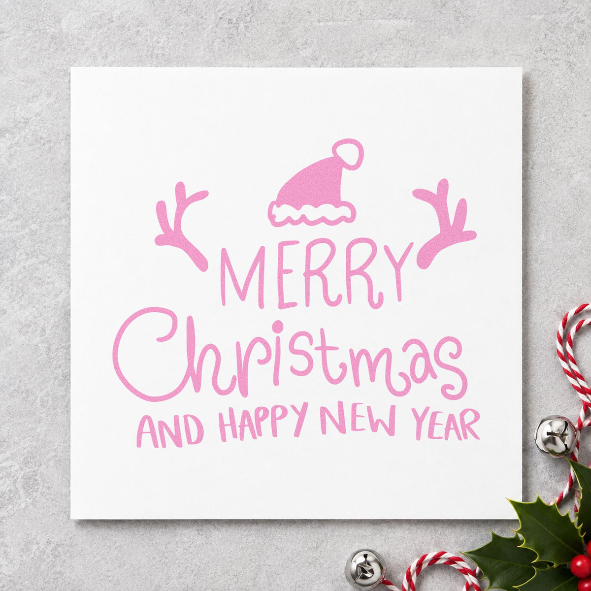Merry Christmas Happy New Year craft stamp in purple ink on cardstock, an easy option for double gift tags.