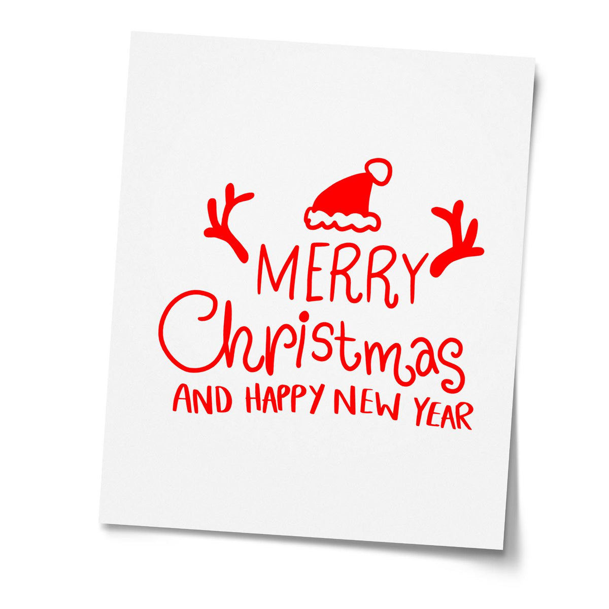 Merry Christmas and Happy New Year holiday rubber stamp with Santa hat and reindeer antlers in red.