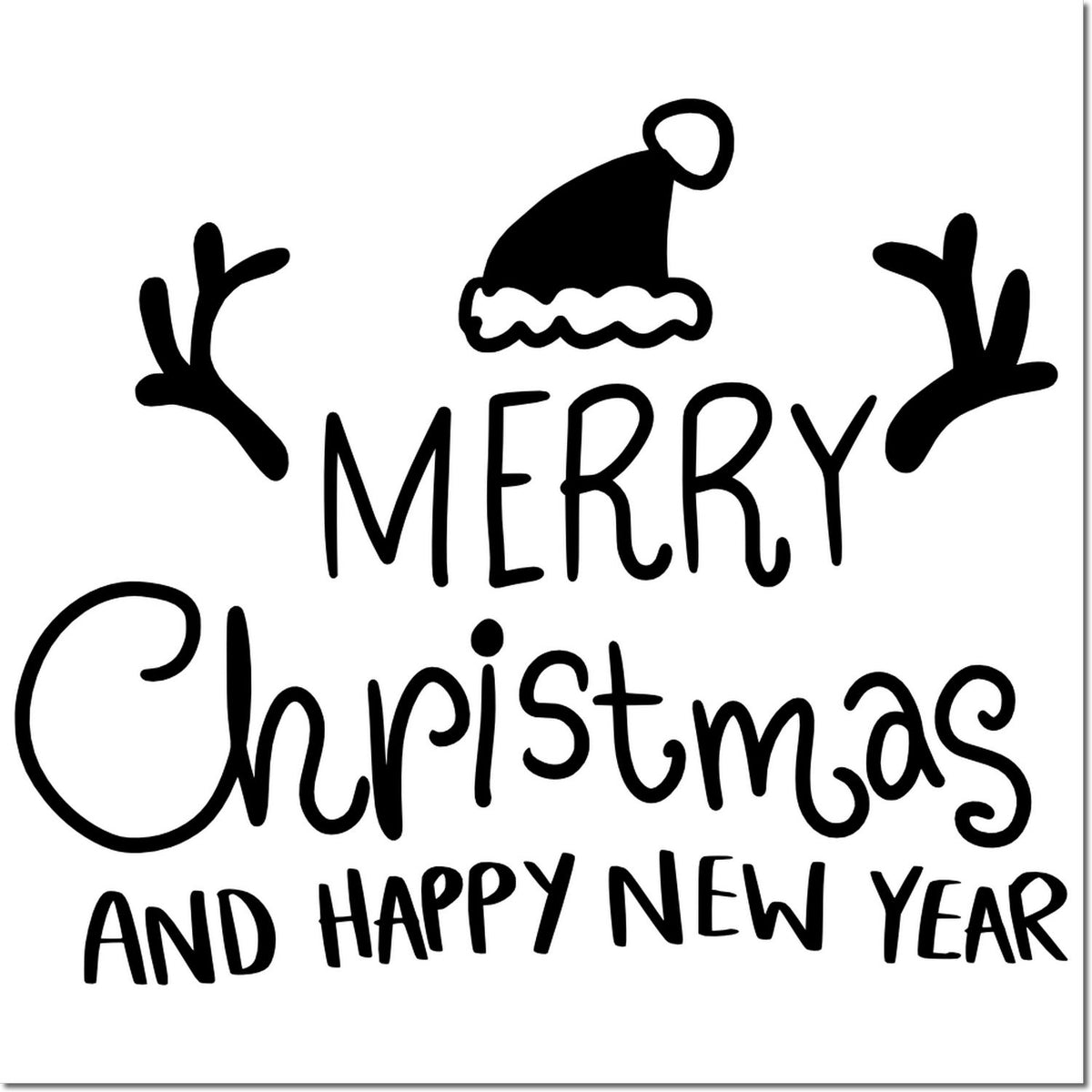 Merry Christmas and Happy New Year rubber stamp design with Santa hat and antlers for festive holiday cards and crafts
