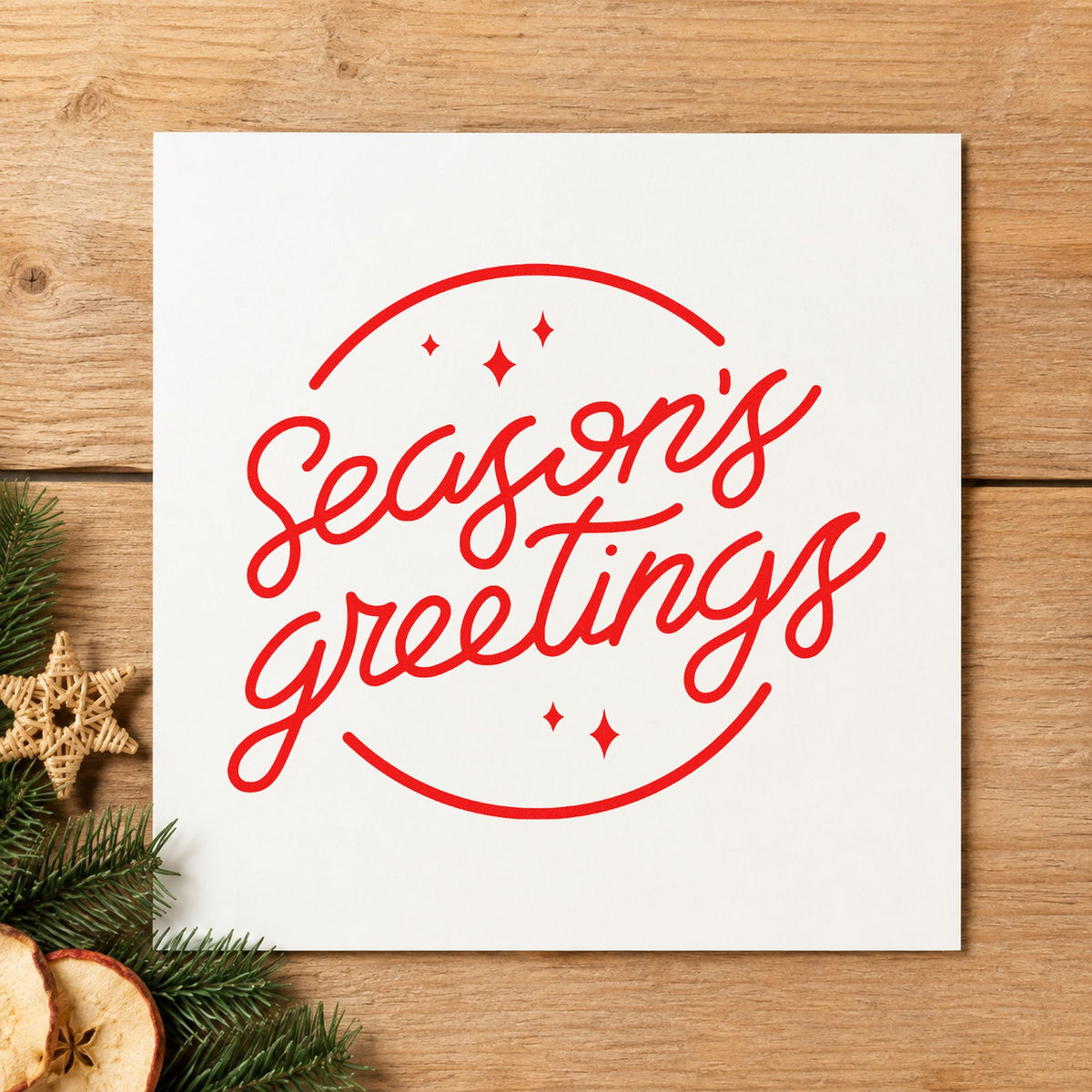 Season's Greetings Circle rubber stamp shown in red ink, stamped for projects such as office close notes.