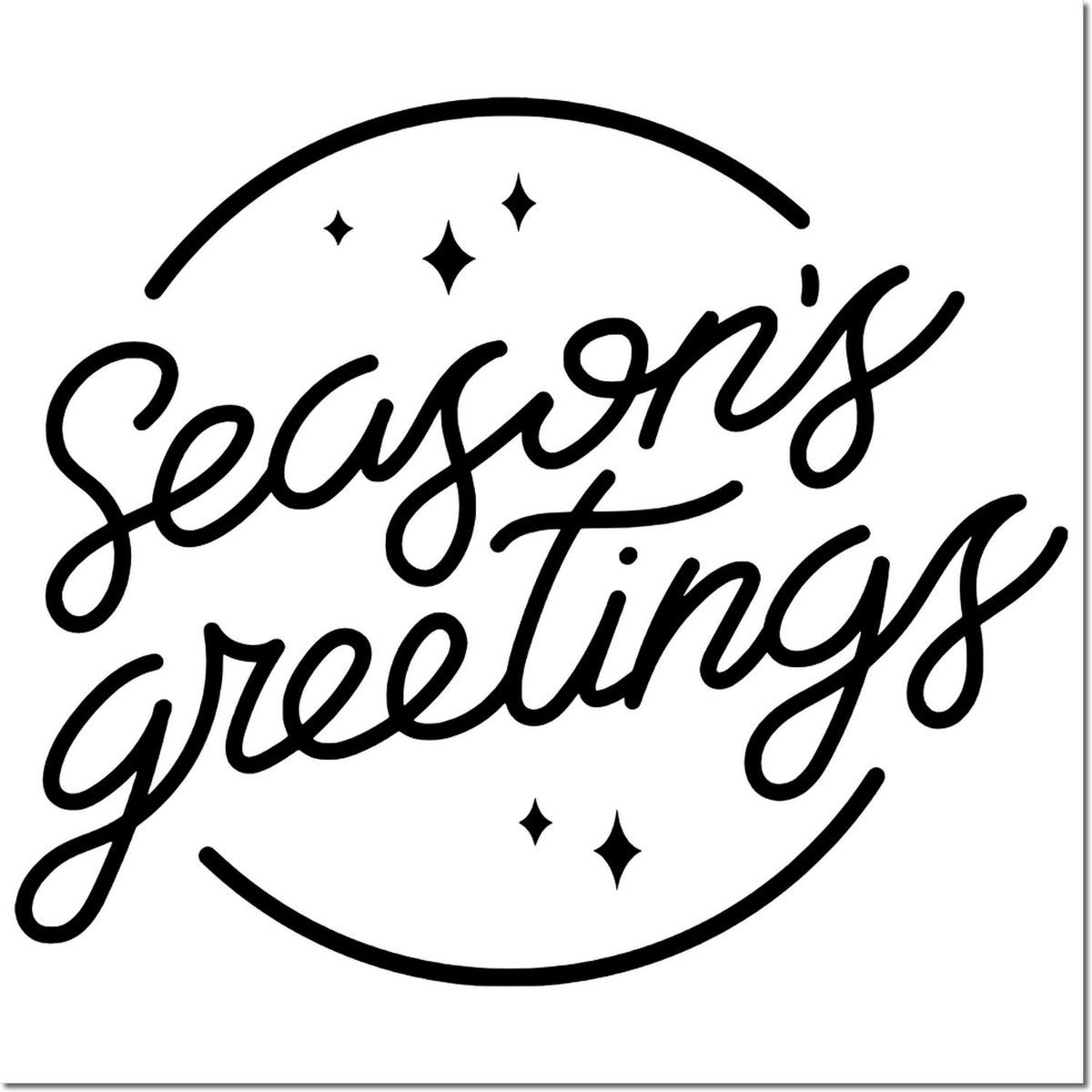 Seasons Greetings rubber stamp design in circular script with sparkles, perfect for holiday cards and packaging.