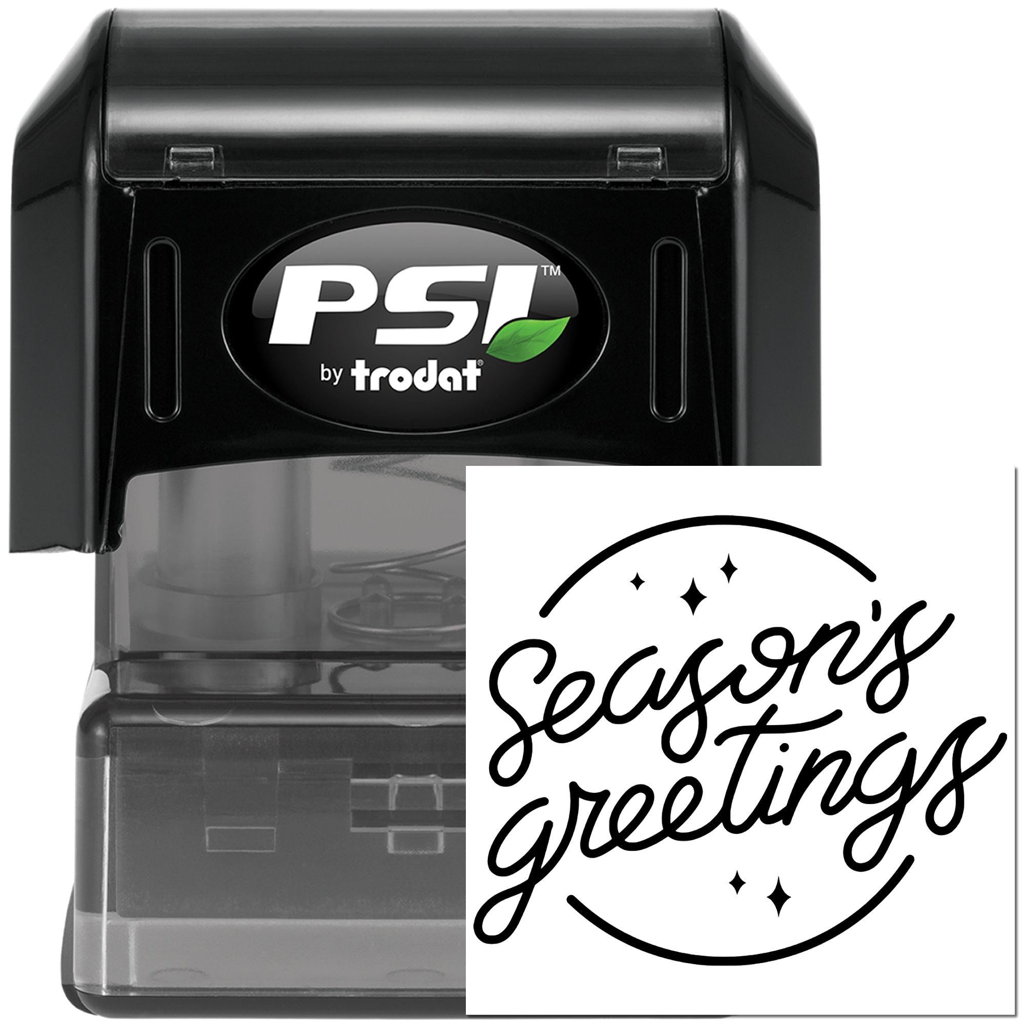 PSI by Trodat self-inking rubber stamp with Seasons Greetings holiday stamp design sample