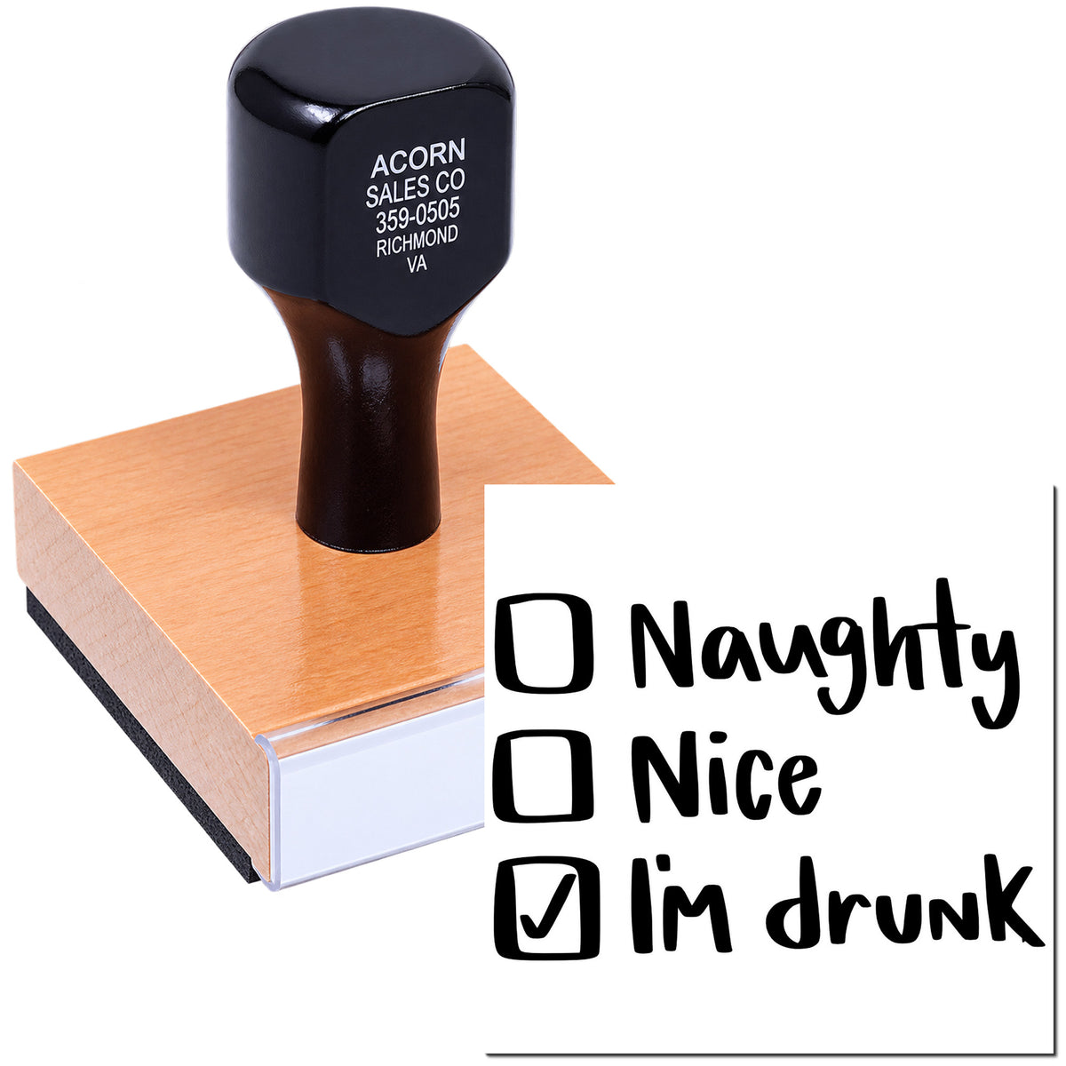 Humorous rubber stamp with Naughty, Nice, and Im drunk checklist design for party or holiday use