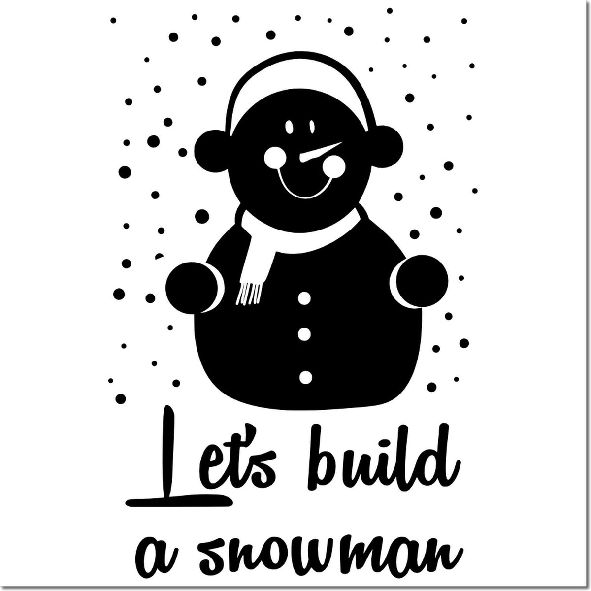 Snowman rubber stamp design with Lets build a snowman text, ideal for winter crafts, holiday cards, and scrapbooking.
