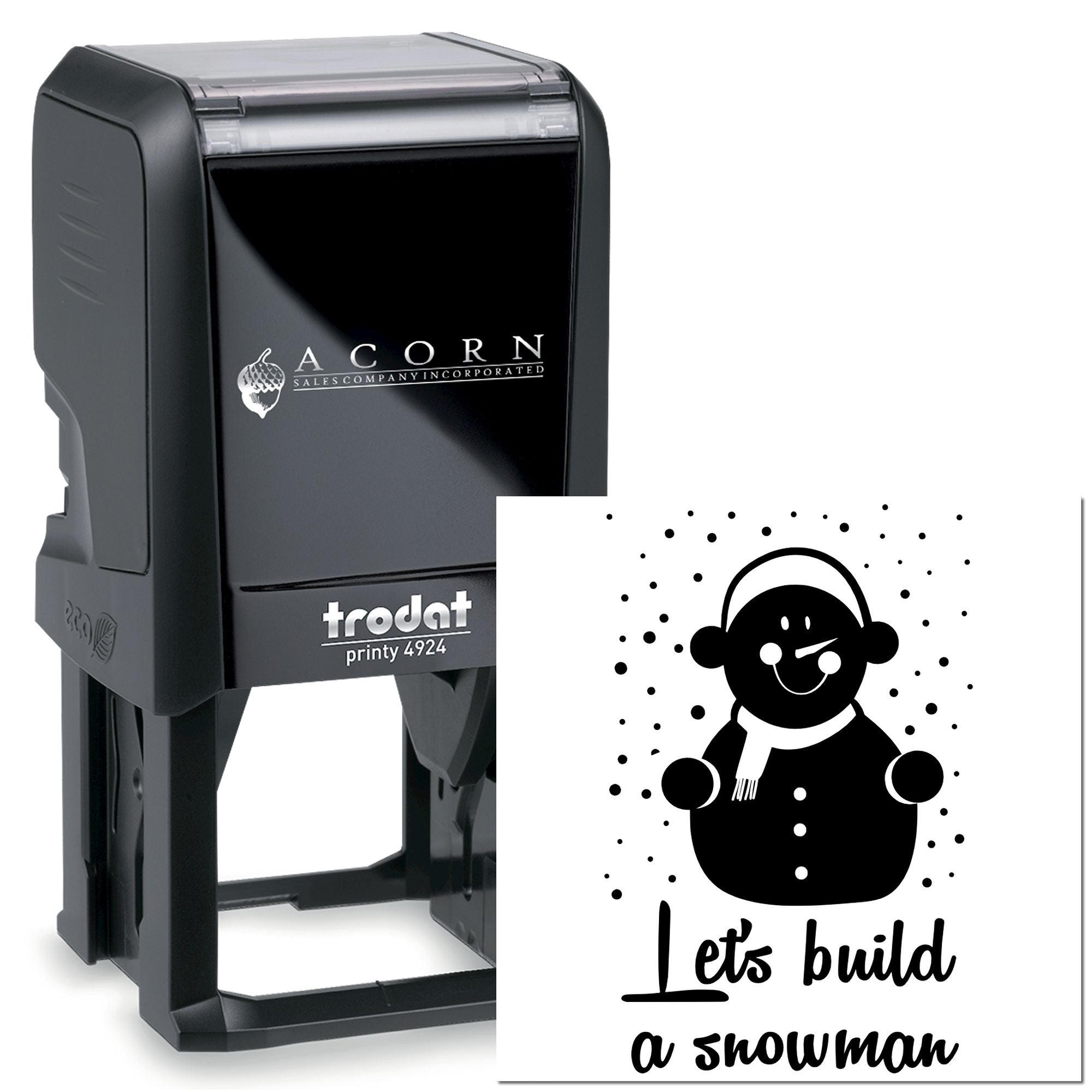 Custom self-inking rubber stamp, Trodat Printy 4924, with snowman design reading Lets build a snowman for holiday crafts.