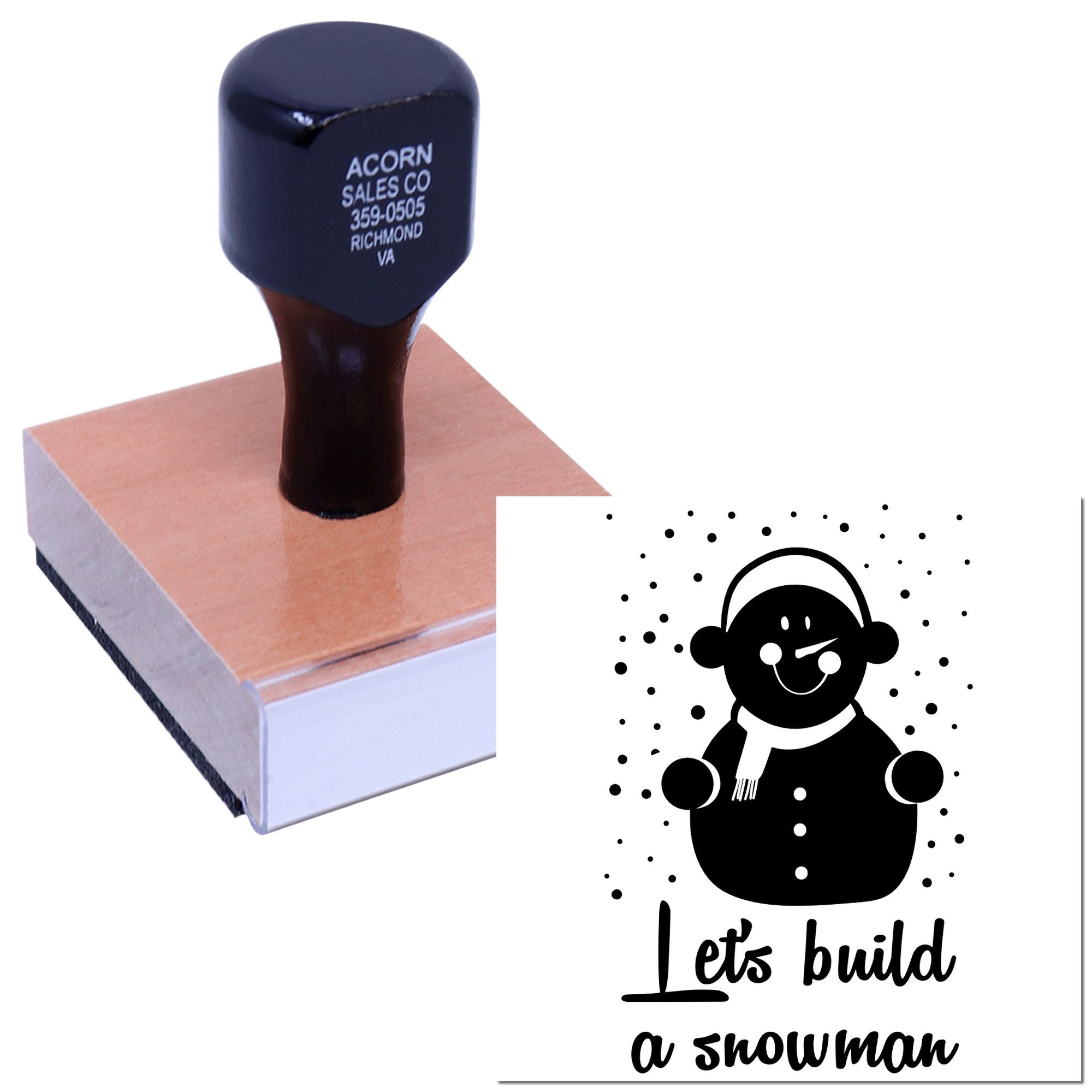Custom rubber stamp with Lets build a snowman design for holiday crafts, cards, and seasonal scrapbooking.