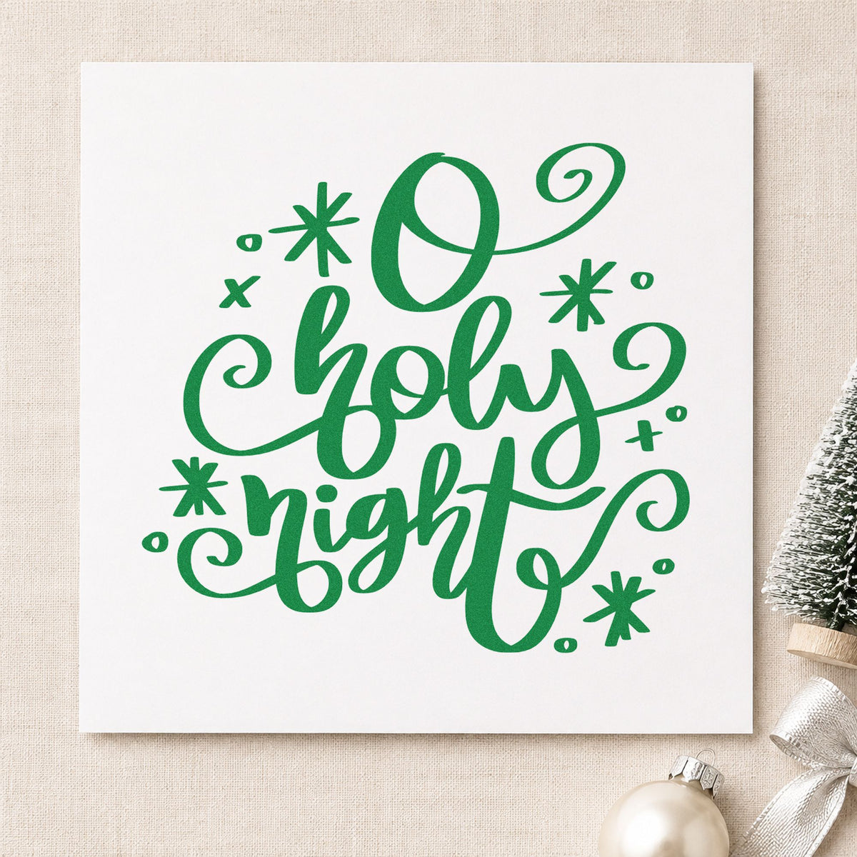 O Holy Night Flourishes craft stamp imprint in green ink on a handmade project, one idea being service order pages.