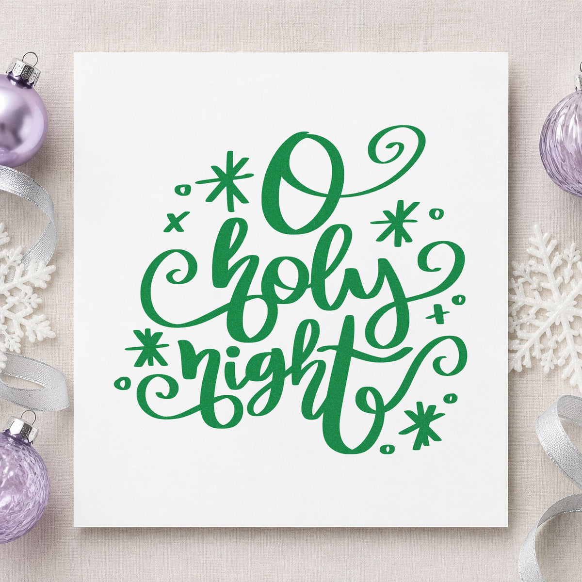 O Holy Night Flourishes craft stamp imprint in green ink on a handmade project, one idea being framed chancel arch.