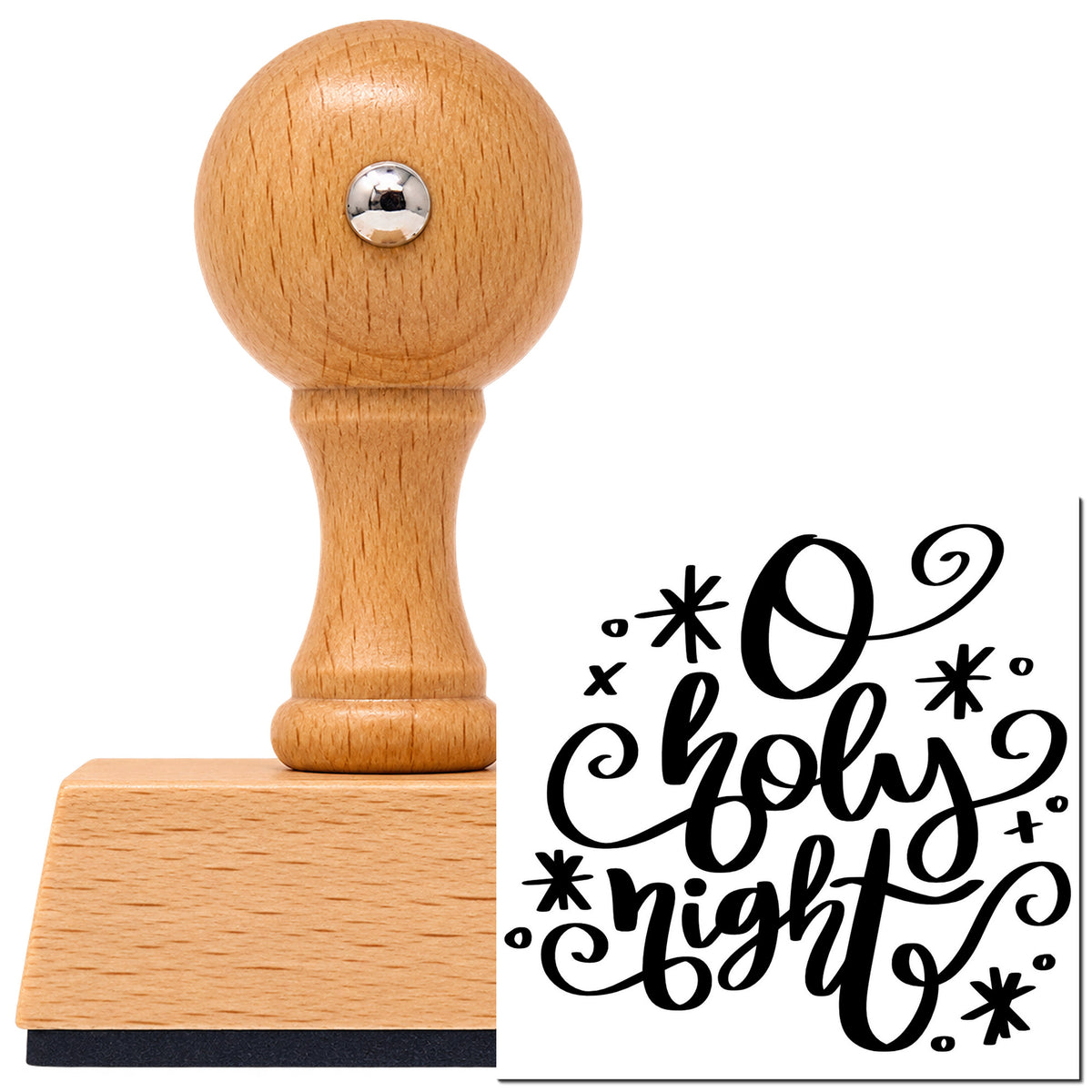 O Holy Night Vintage Pro rubber stamp in European beech wood with a round knob handle, shown beside its black imprint.