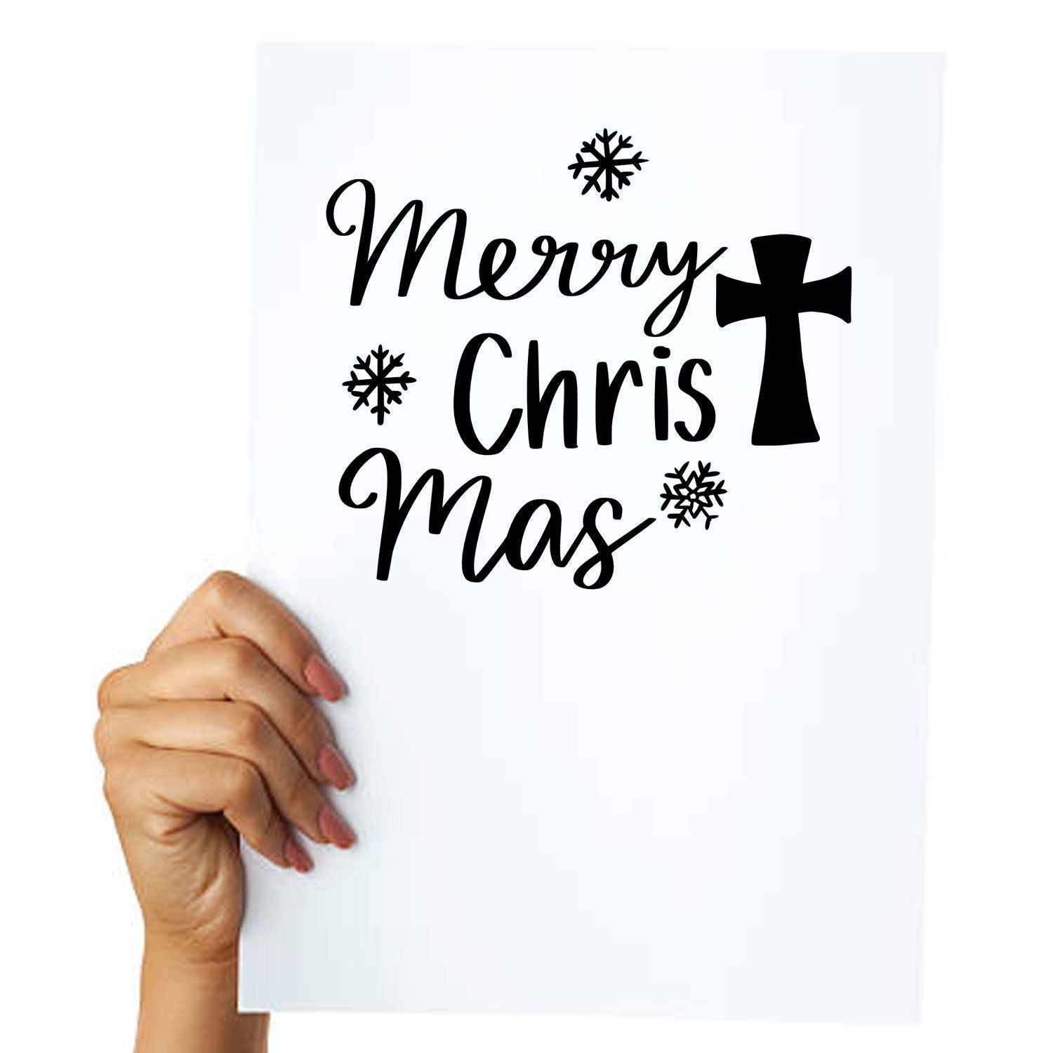 Merry Christ Mas rubber stamp design with cross and snowflakes on white paper, ideal for Christian Christmas cards and crafts.