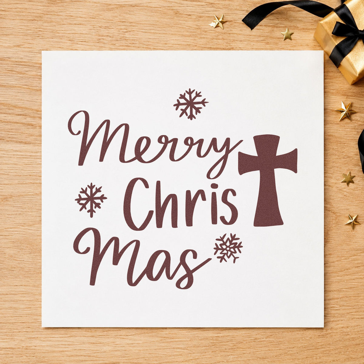 Merry Christmas Cross rubber stamp printed in brown ink, ready for devotional journals and similar paper crafts.