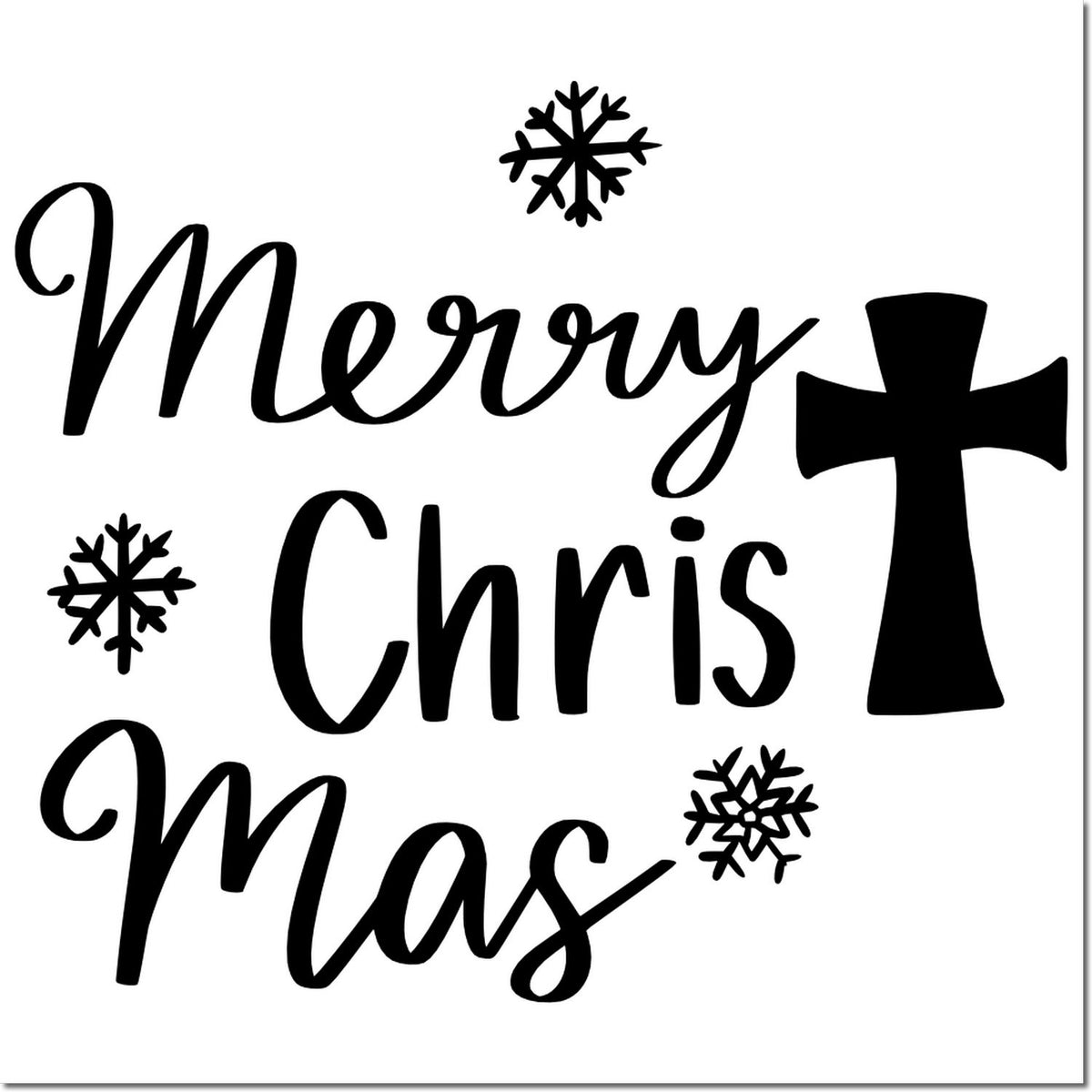 Merry Chris Mas rubber stamp design with cross and snowflakes for Christian Christmas crafts.