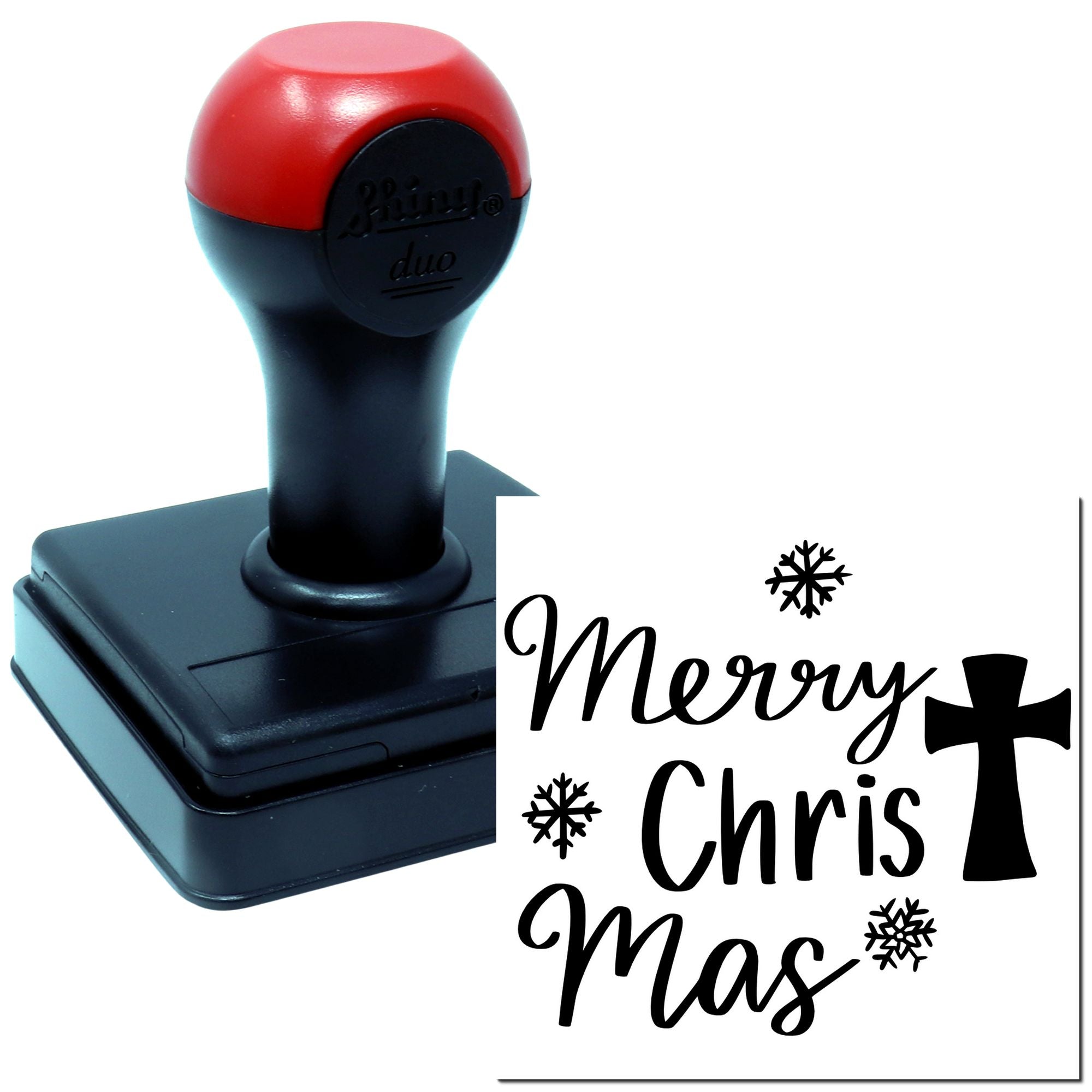 Custom self-inking rubber stamp for Christian holiday cards, featuring Merry Christmas, cross and snowflakes.