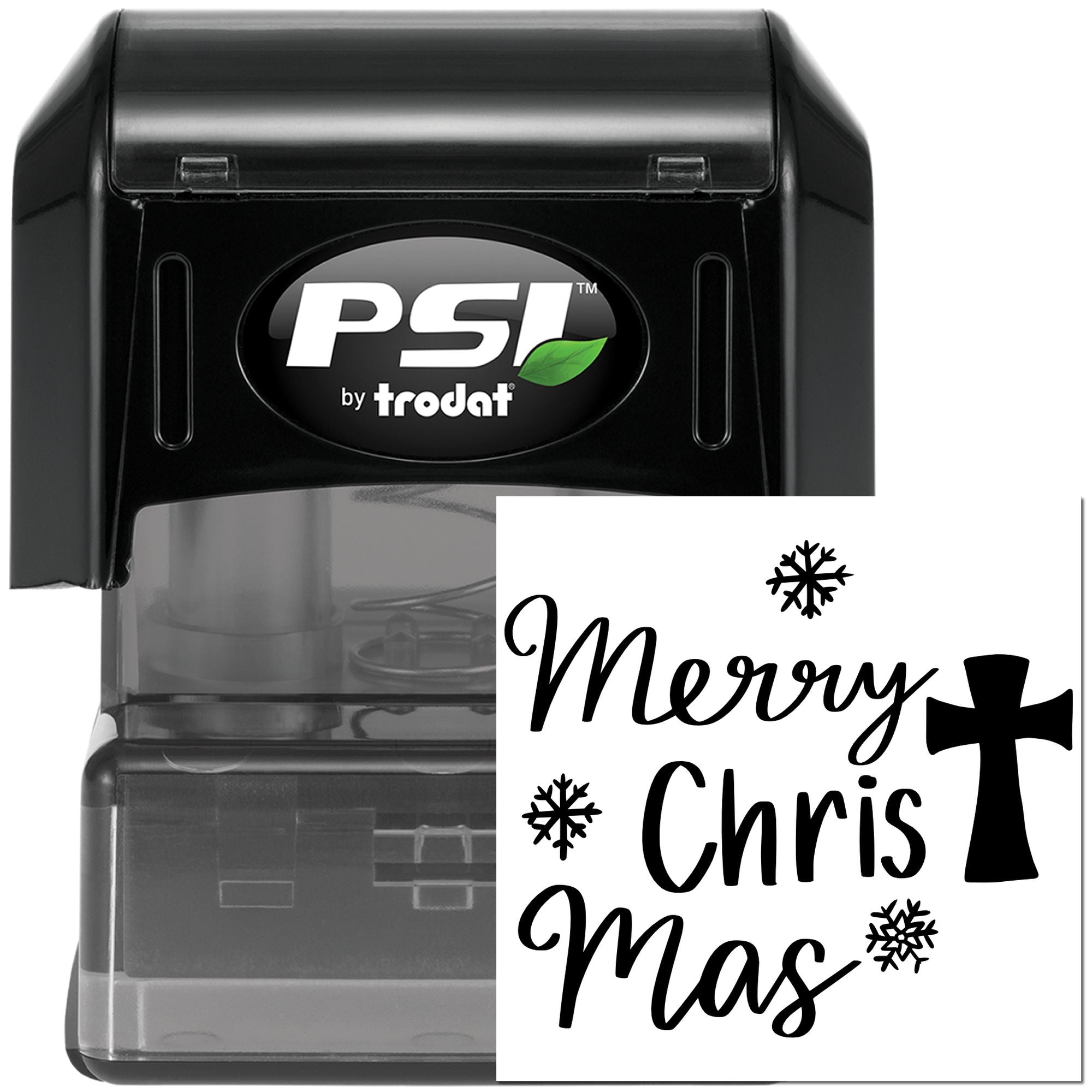 PSI by Trodat self-inking rubber stamp with custom Merry Christmas text, snowflakes, and cross holiday design.