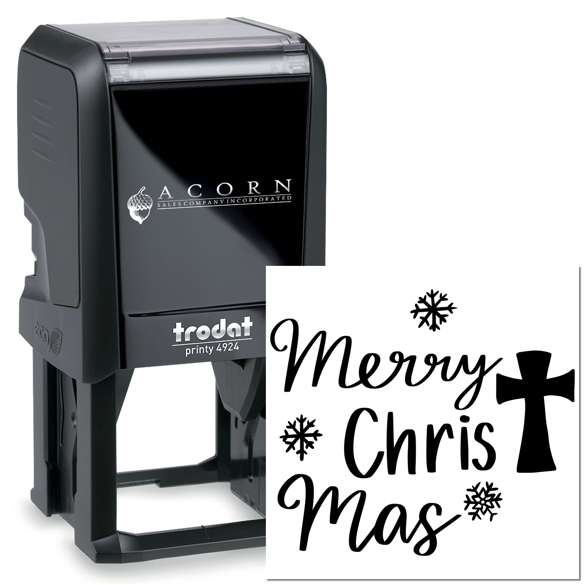 Custom self-inking rubber stamp with Merry Christmas text, snowflakes and cross design for holiday cards.