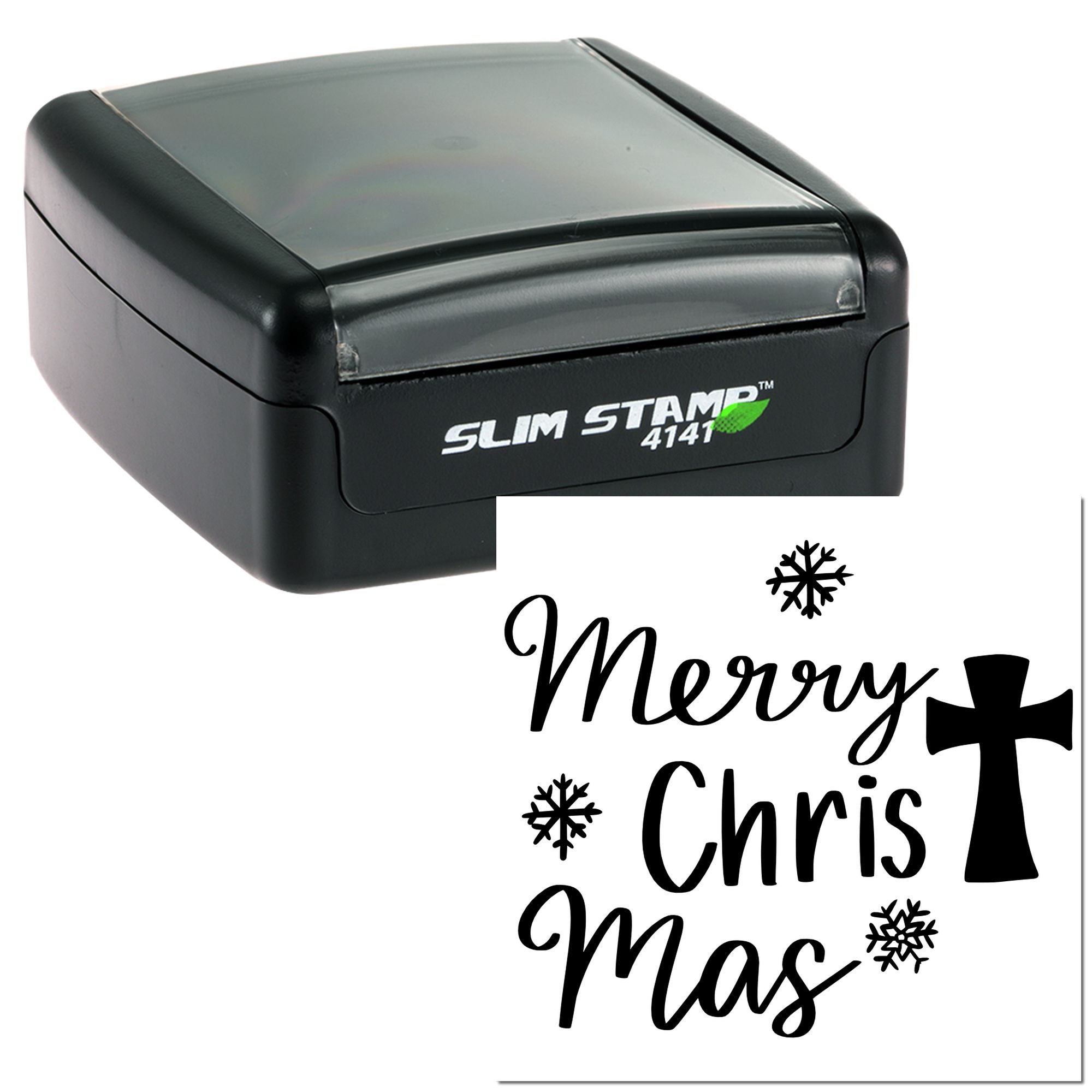 Self-inking Slim Stamp 4141 rubber stamp with Merry Christmas holiday design, snowflakes, and cross icon for festive card marking.
