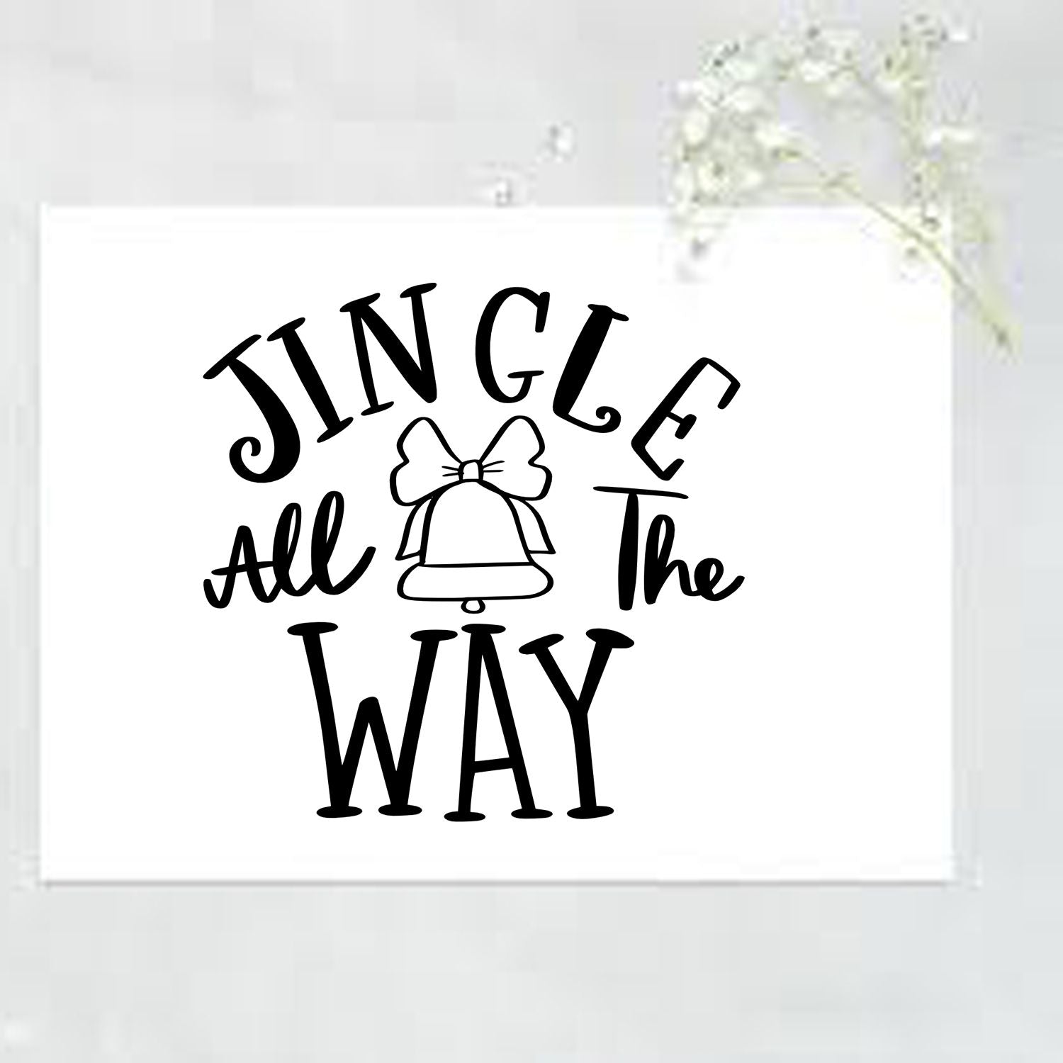 Christmas rubber stamp design with Jingle All the Way and bell, perfect for holiday cards, crafts, and gift tags.