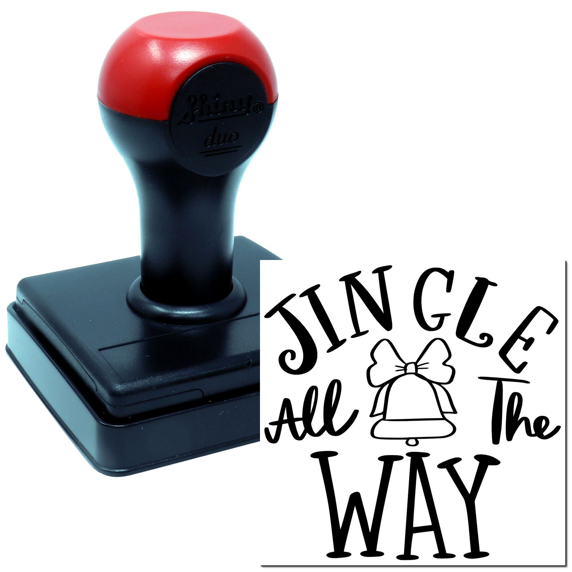 Custom Jingle All the Way self-inking rubber stamp with bell and bow design for holiday cards and festive crafts.
