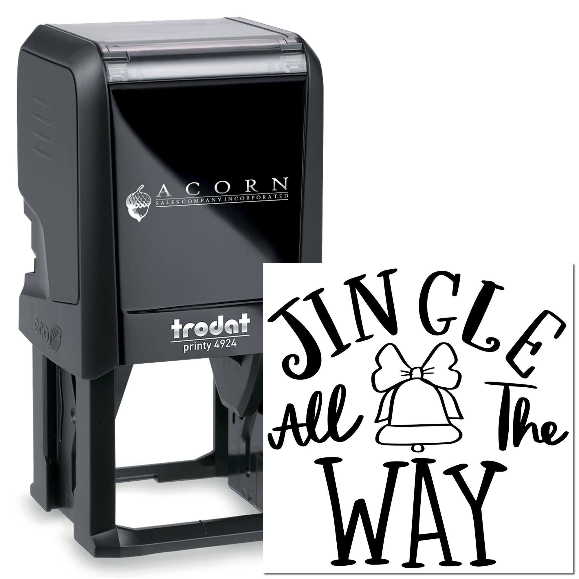 Trodat Printy 4924 self-inking rubber stamp with Jingle All the Way holiday design and bell graphic.