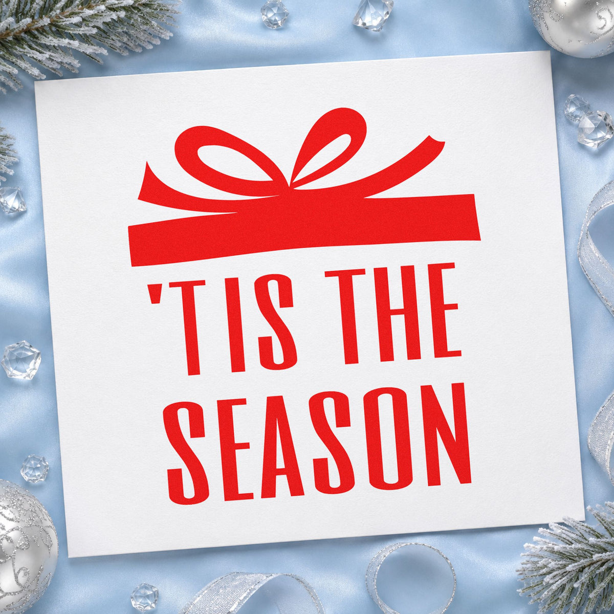 Tis The Season Gift craft stamp in red ink on cardstock, an easy option for velvet pouch ink.