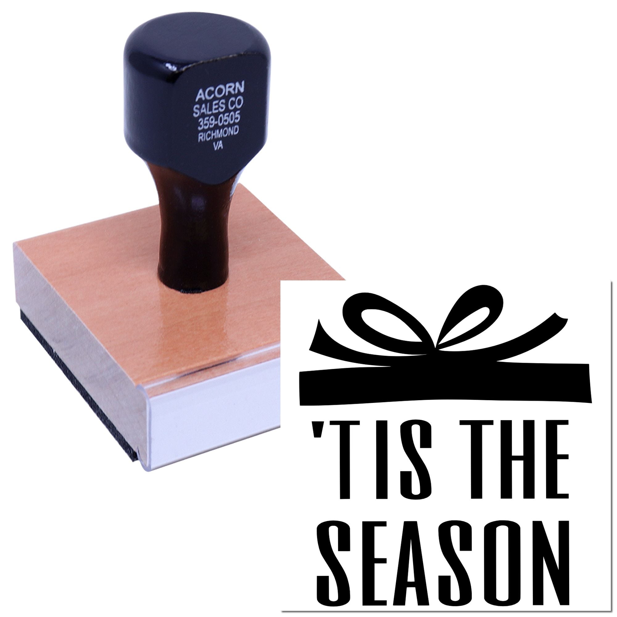 Holiday rubber stamp with Tis the Season gift design for festive cards, tags, and seasonal crafts.