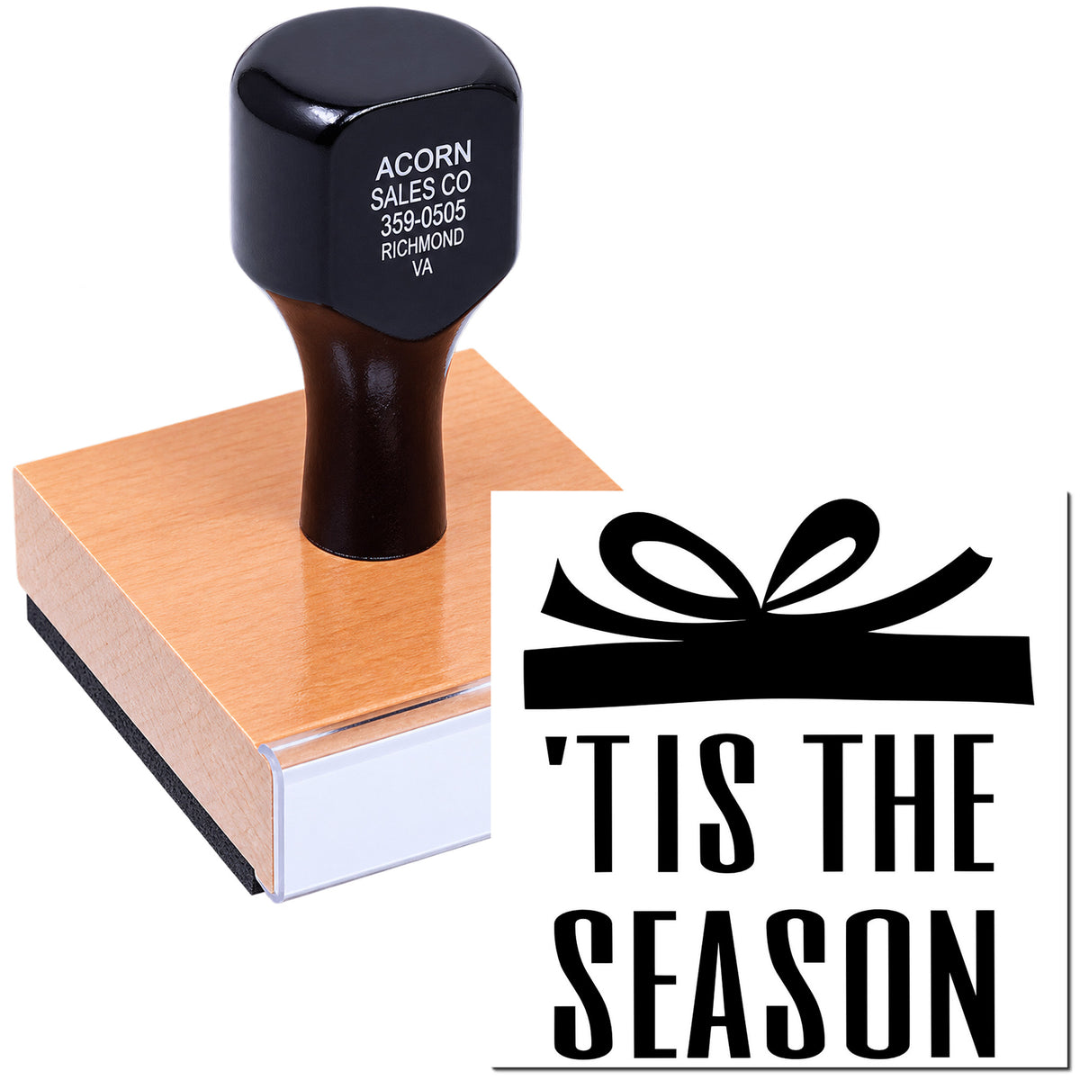 Holiday rubber stamp with Tis the Season gift design for festive cards, tags, and seasonal crafts.
