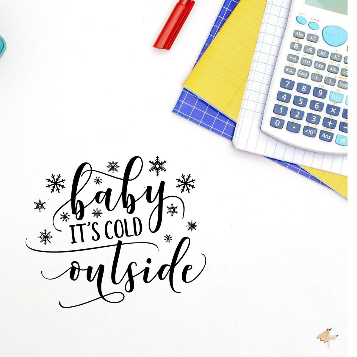Baby its cold outside rubber stamp design with snowflakes for winter crafts, holiday cards, and scrapbook projects.